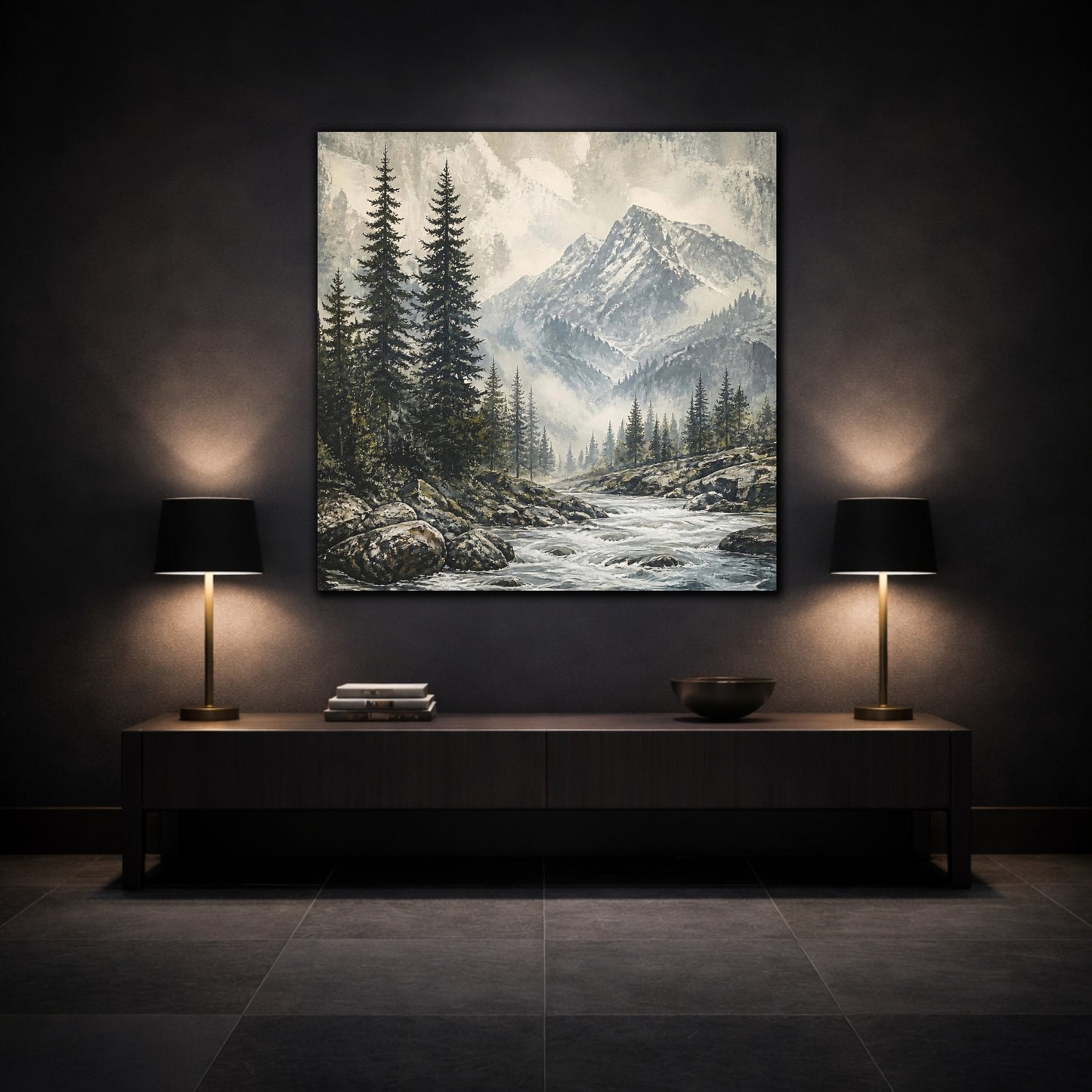 Mockup 3. Misty Mountain Pines shown as canvas print
