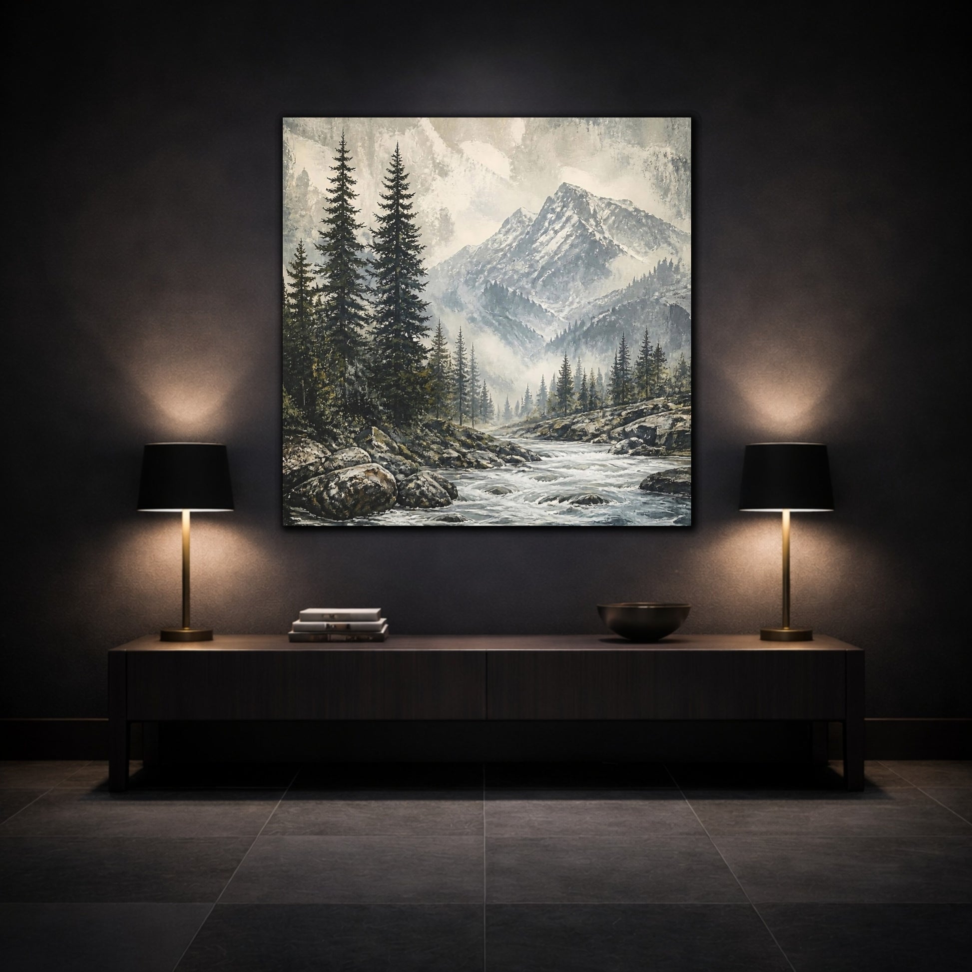 Mockup 3. Misty Mountain Pines shown as canvas print