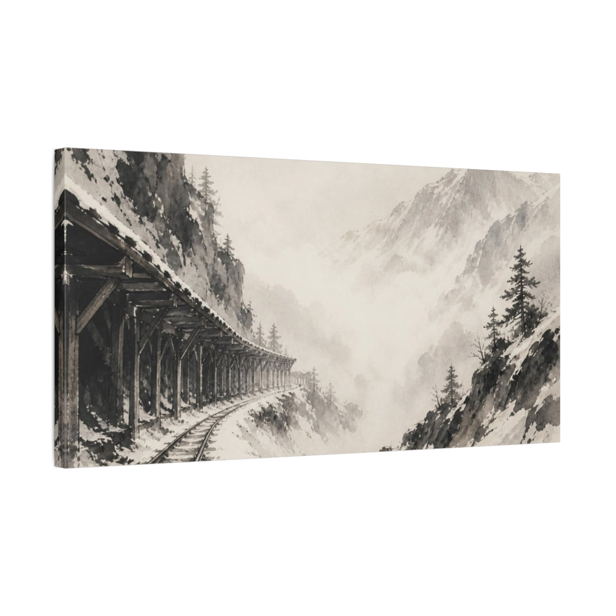 Side Mockup 1. Misty Mountain Railway shown as canvas print
