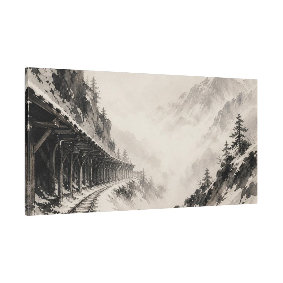 Side Mockup 2. Misty Mountain Railway shown as canvas print