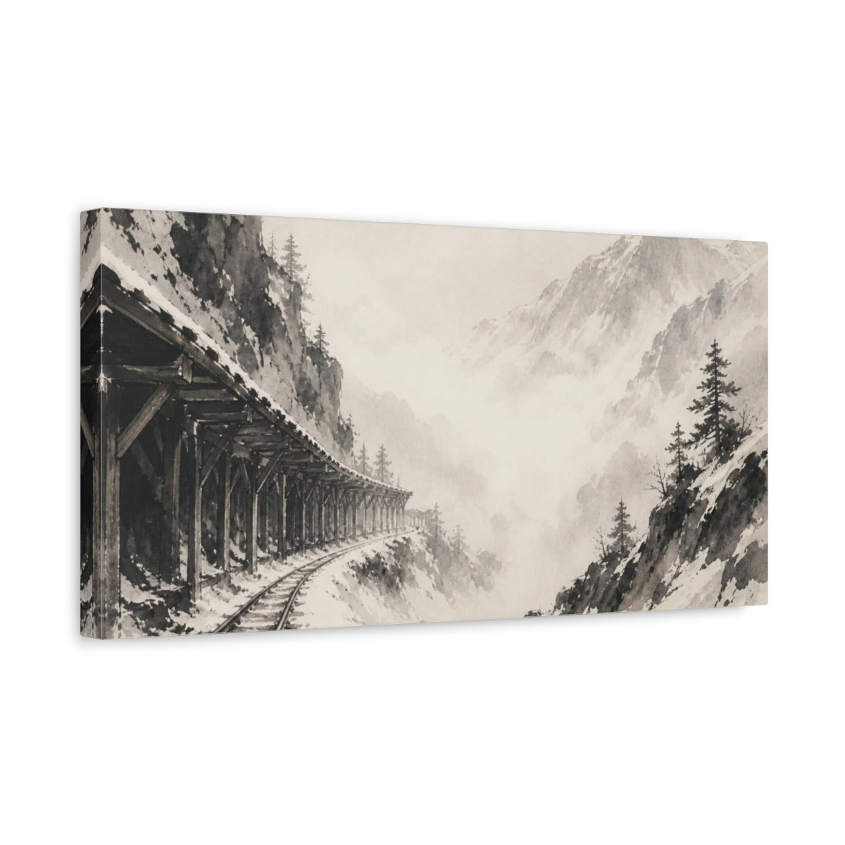 Side Mockup 3. Misty Mountain Railway shown as canvas print
