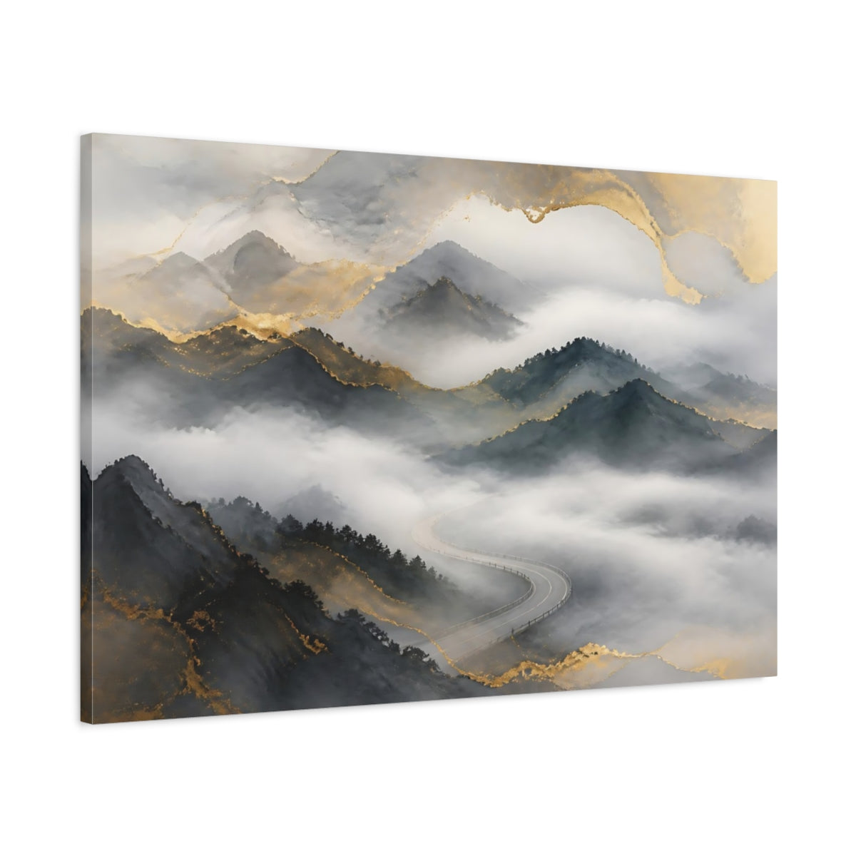 Main Mockup. Misty Mountain Road shown as canvas print
