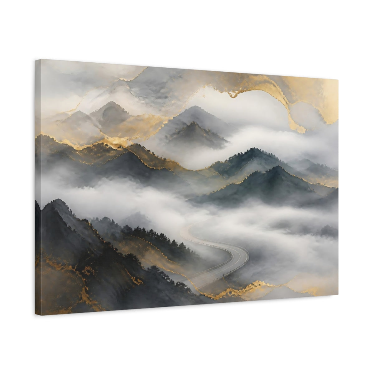 Side Mockup 2. Misty Mountain Road shown as canvas print