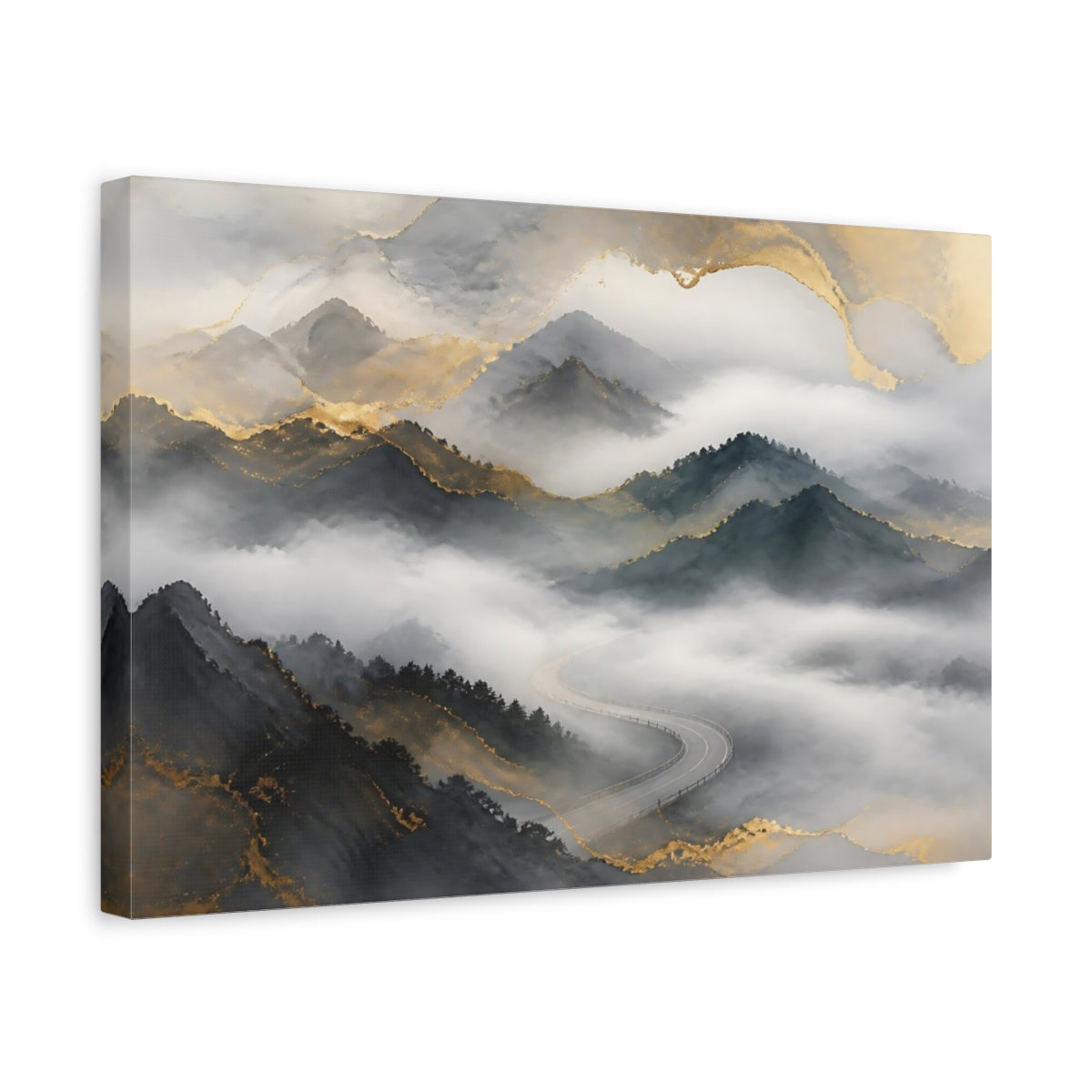 Side Mockup 4. Misty Mountain Road shown as canvas print