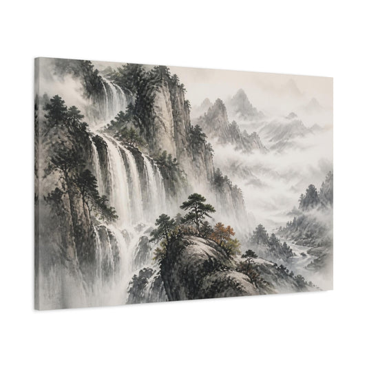 Main Mockup. Misty Mountain Waterfall shown as canvas print