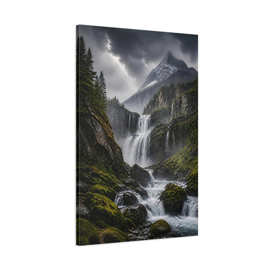 Main Mockup. Misty Mountain Waterfall shown as canvas print