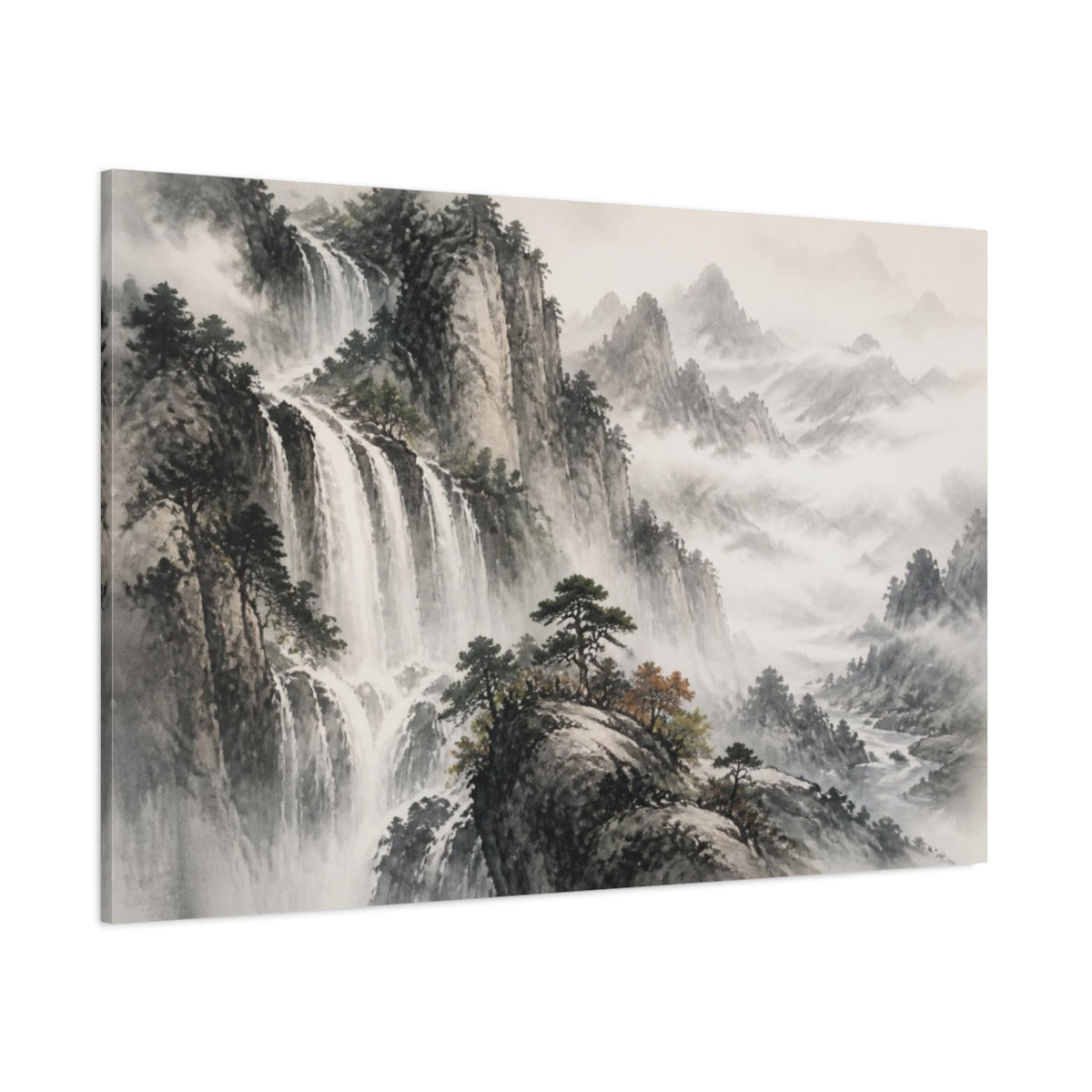 Side Mockup 1. Misty Mountain Waterfall shown as canvas print