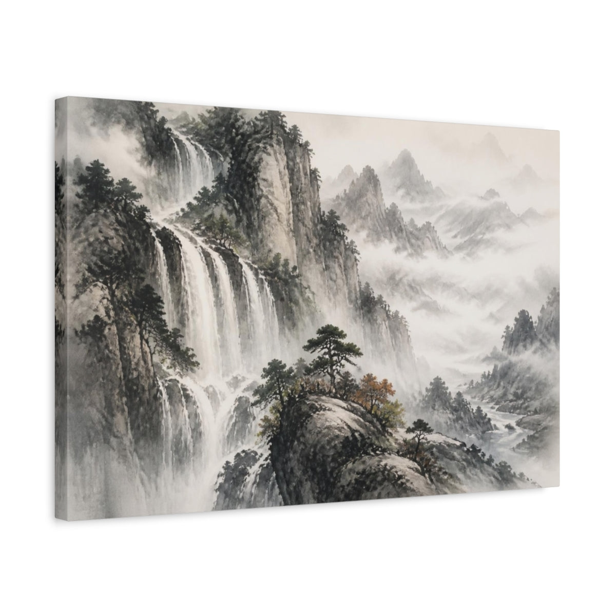 Side Mockup 3. Misty Mountain Waterfall shown as canvas print