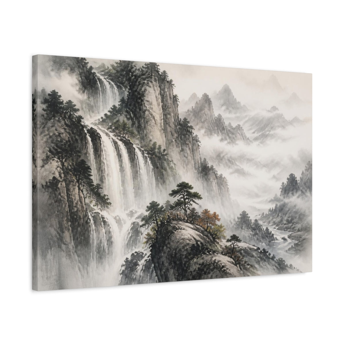 Side Mockup 2. Misty Mountain Waterfall shown as canvas print