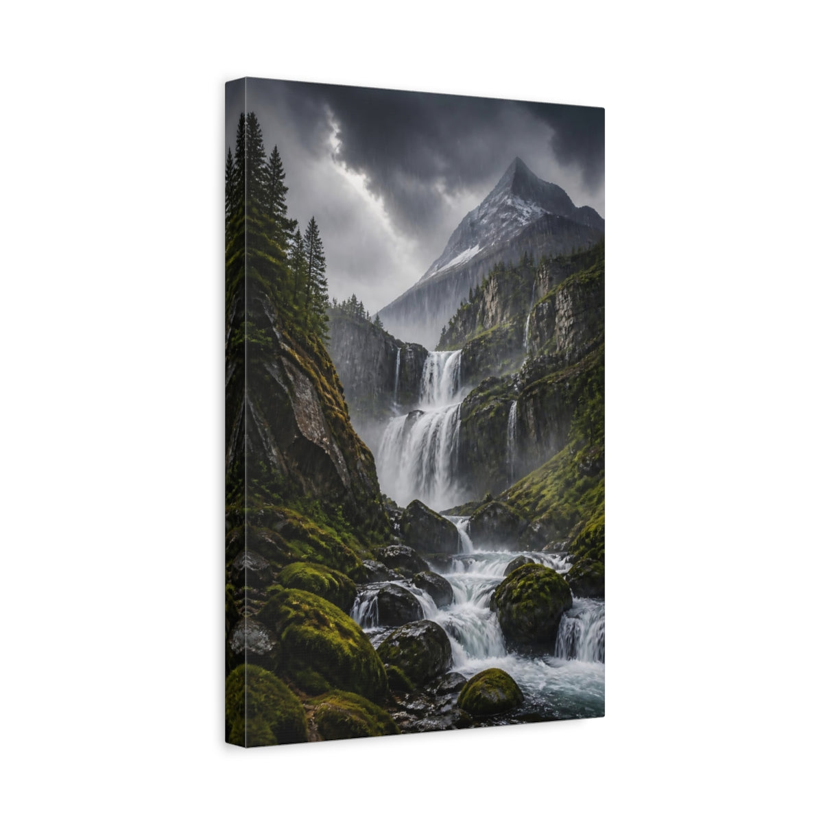 Side Mockup 4. Misty Mountain Waterfall shown as canvas print