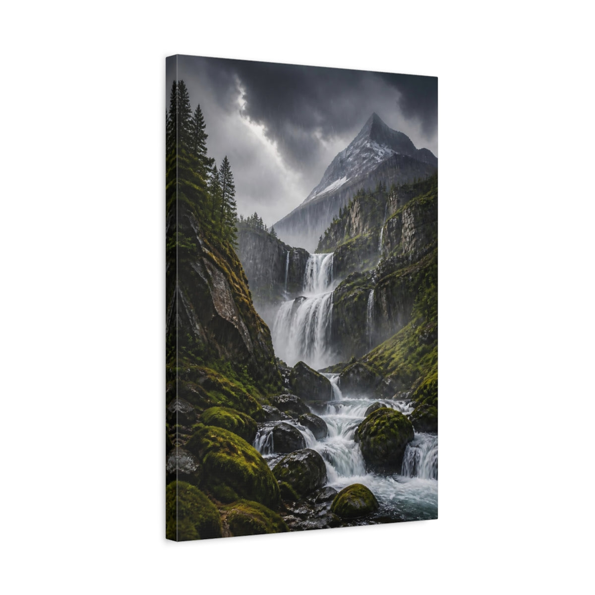 Side Mockup 3. Misty Mountain Waterfall shown as canvas print