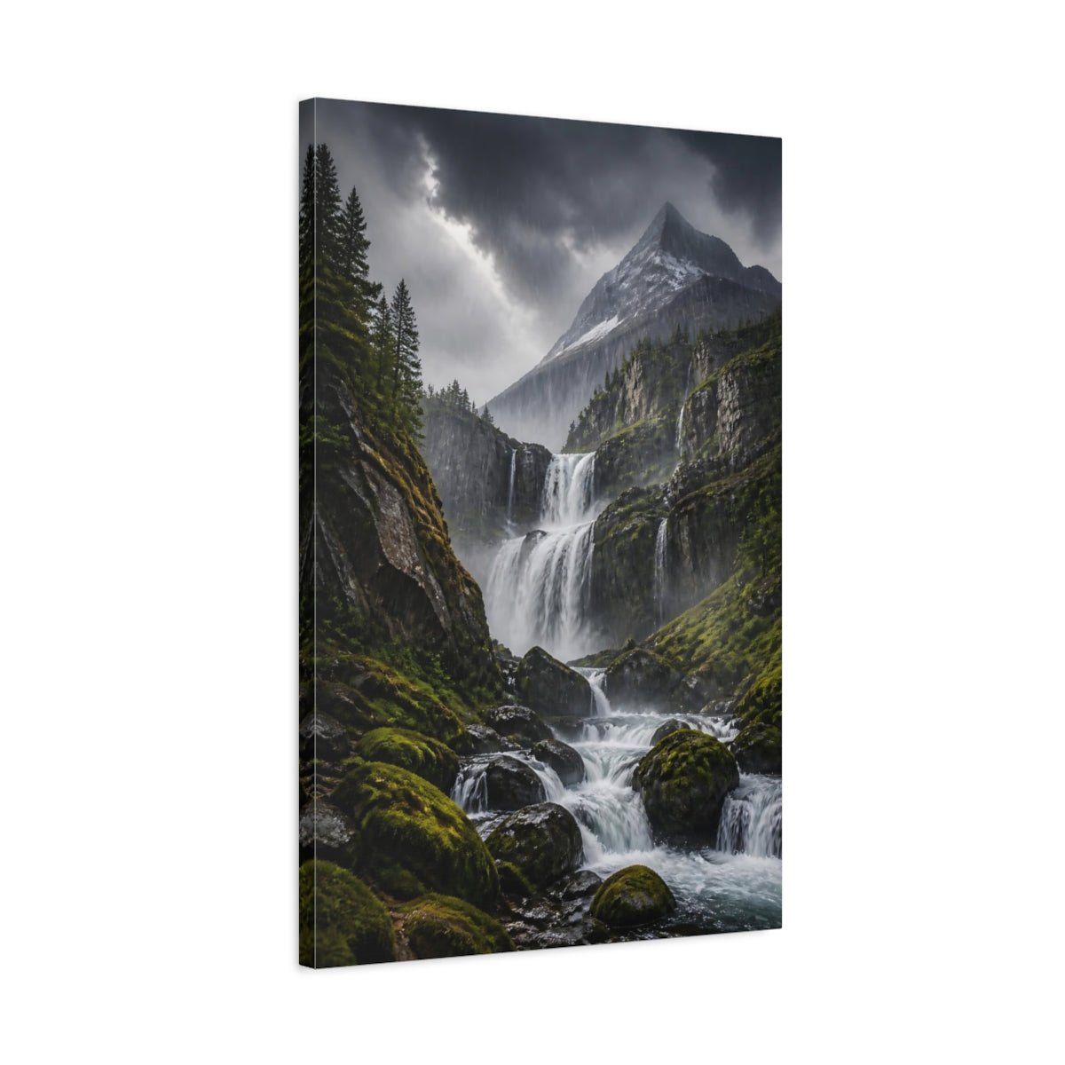 Side Mockup 2. Misty Mountain Waterfall shown as canvas print