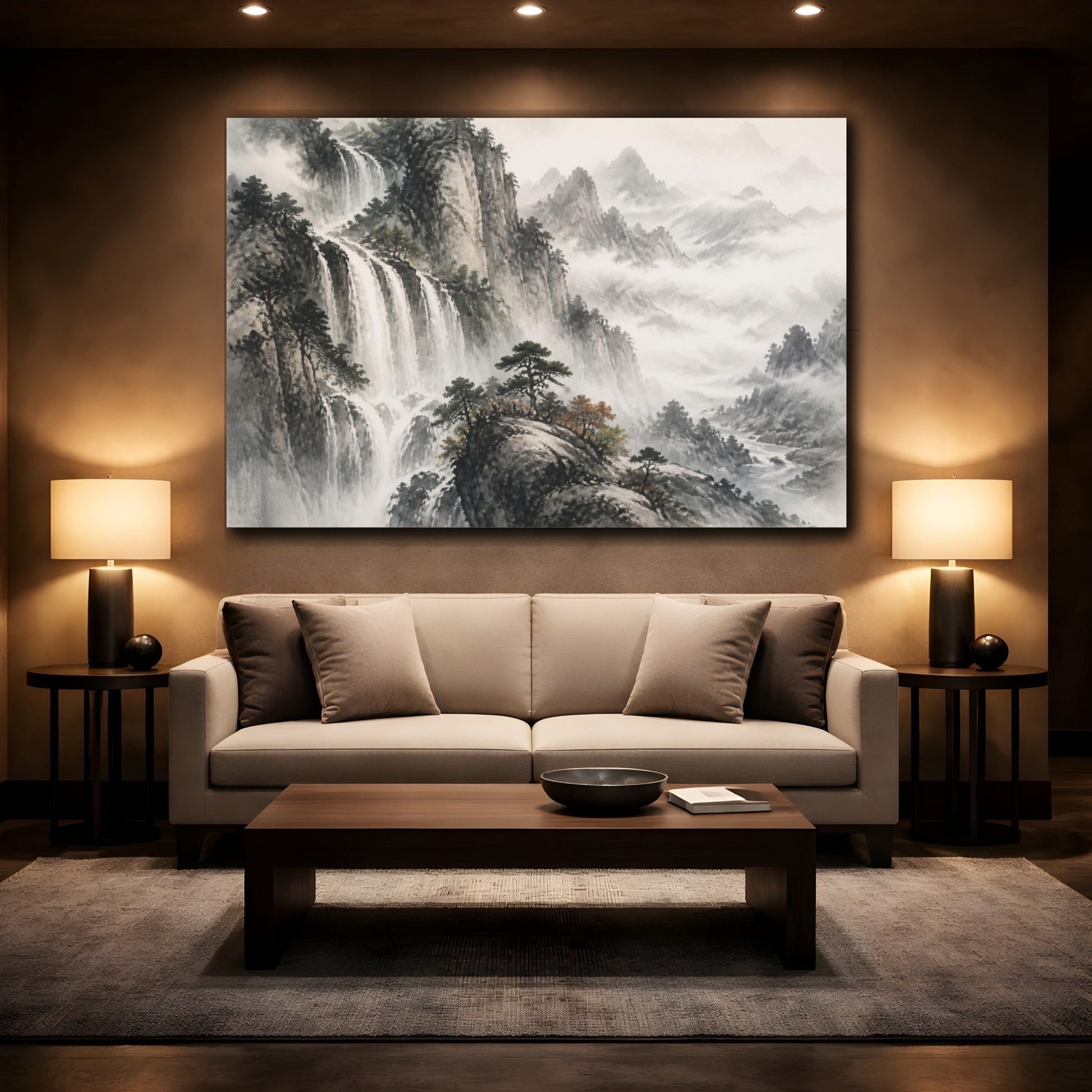 Mockup 2. Misty Mountain Waterfall shown as canvas print