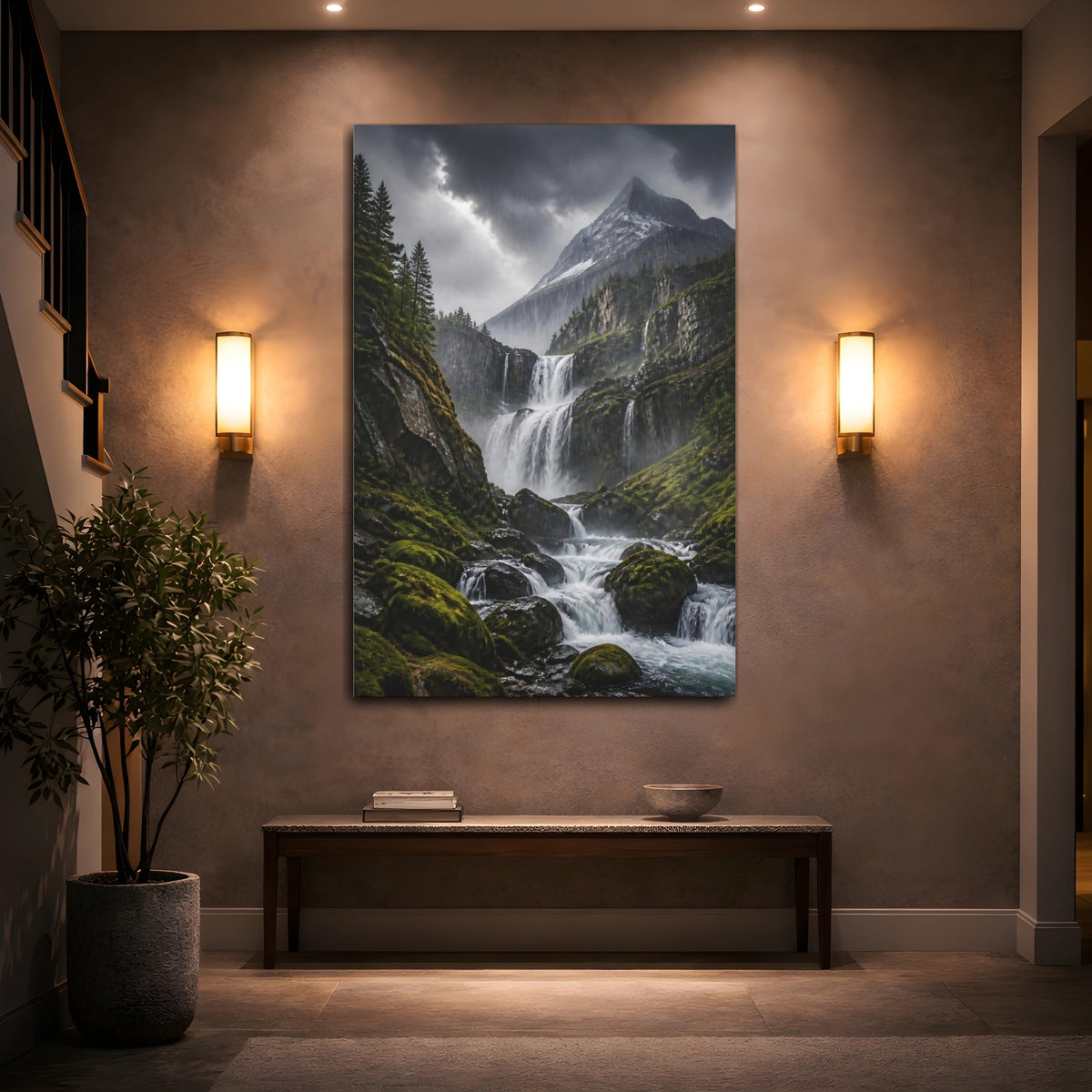 Mockup 2. Misty Mountain Waterfall shown as canvas print