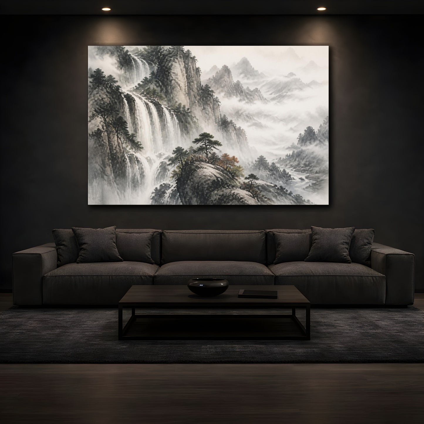 Mockup 3. Misty Mountain Waterfall shown as canvas print