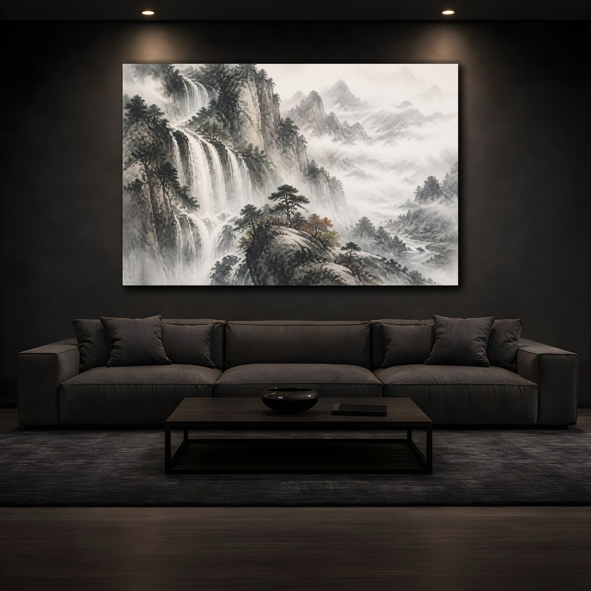 Mockup 3. Misty Mountain Waterfall shown as canvas print