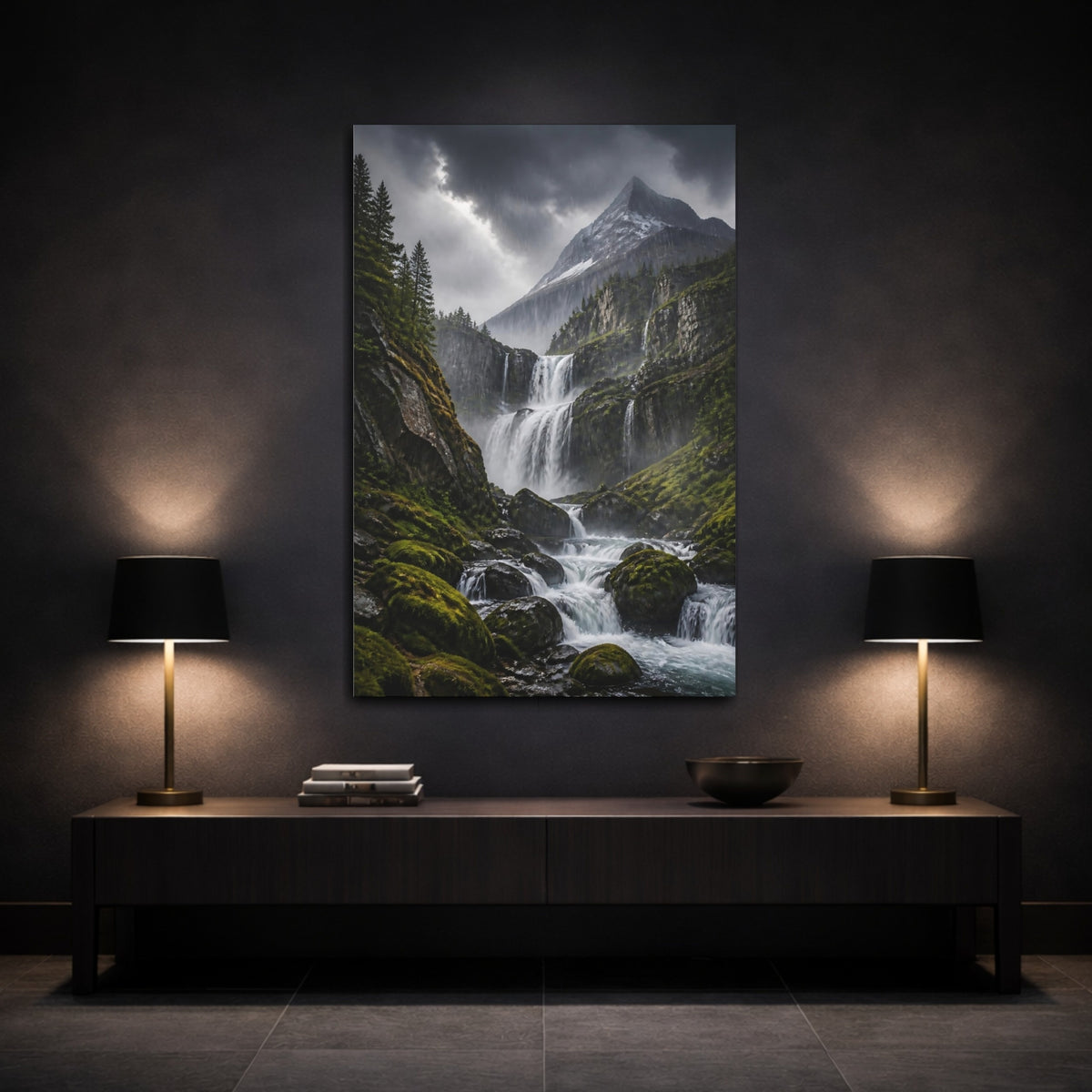 Mockup 3. Misty Mountain Waterfall shown as canvas print