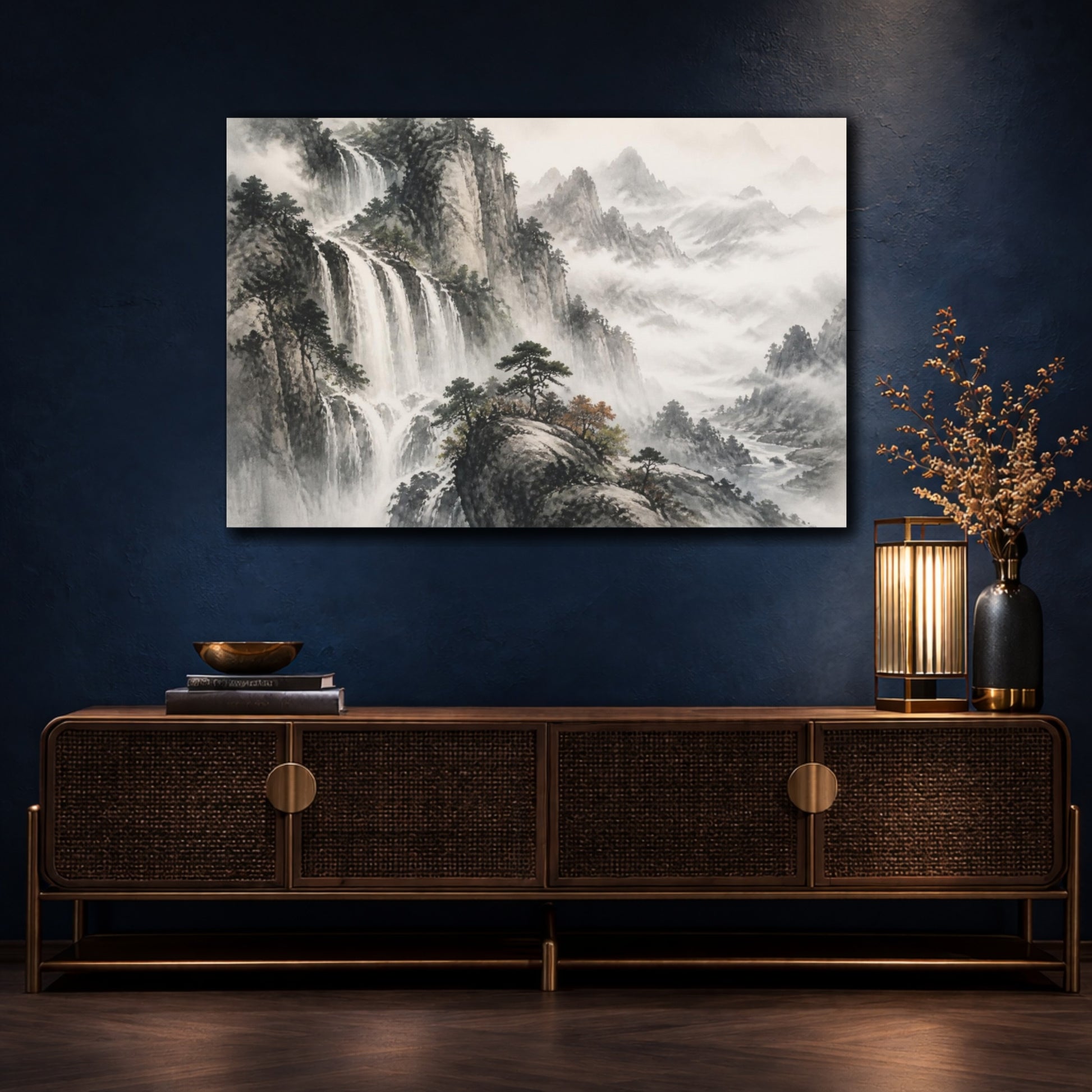 Mockup 4. Misty Mountain Waterfall shown as canvas print