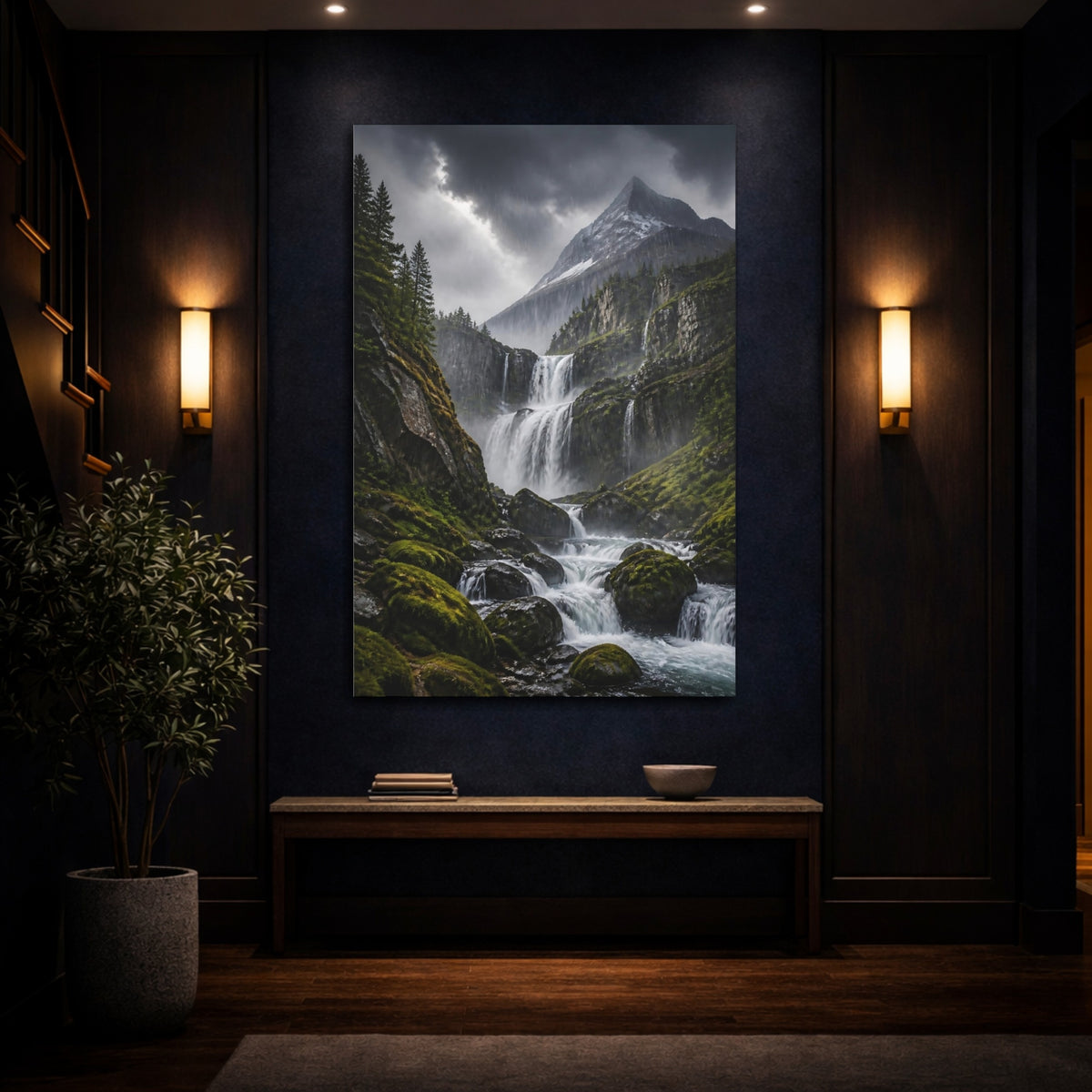 Mockup 4. Misty Mountain Waterfall shown as canvas print