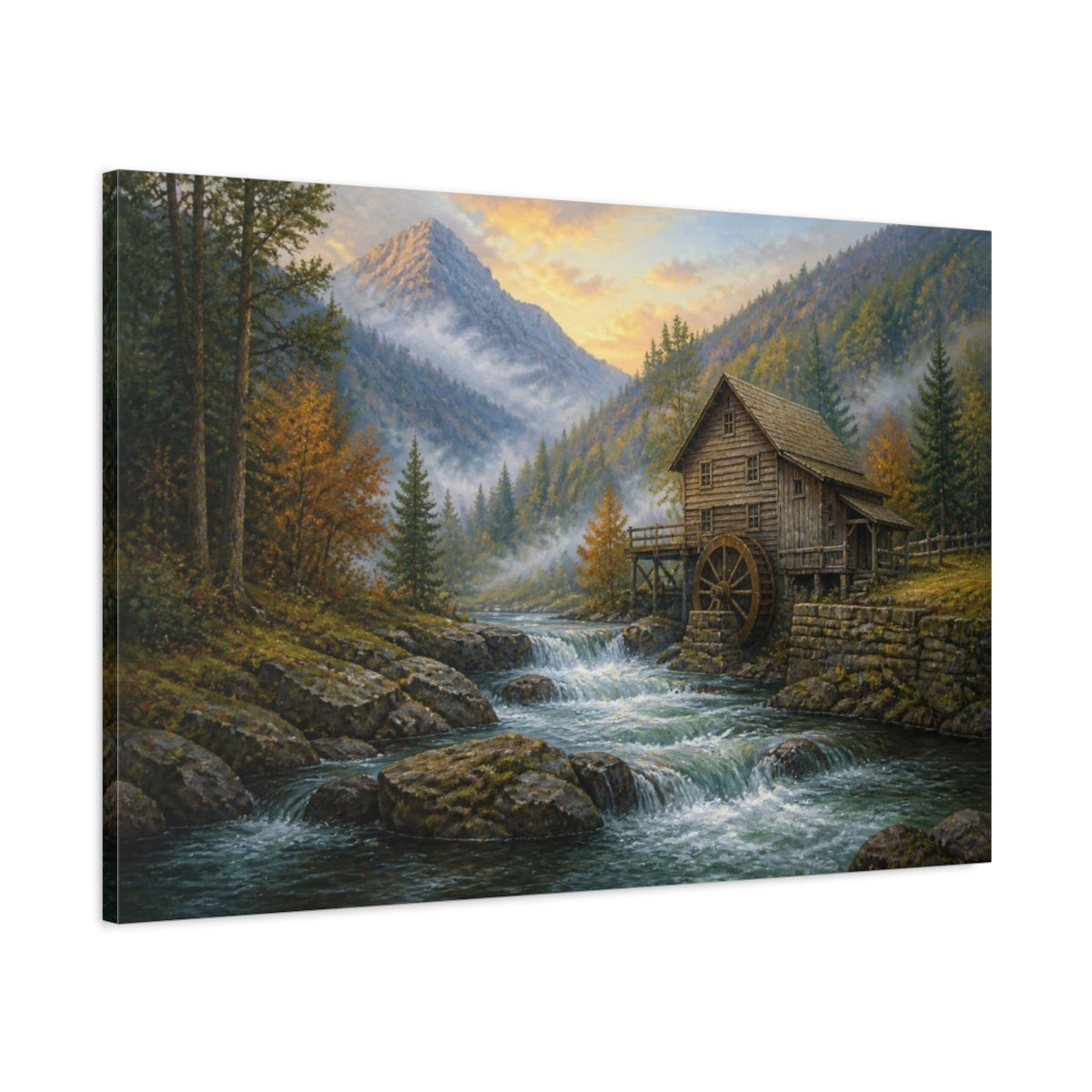 Main Mockup. Misty Mountain Watermill Landscape shown as canvas print