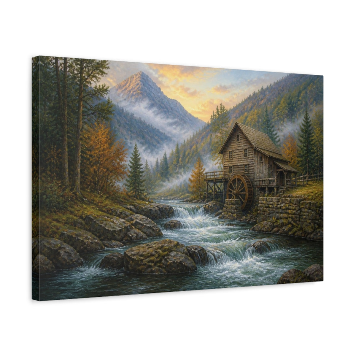 Side Mockup 3. Misty Mountain Watermill Landscape shown as canvas print
