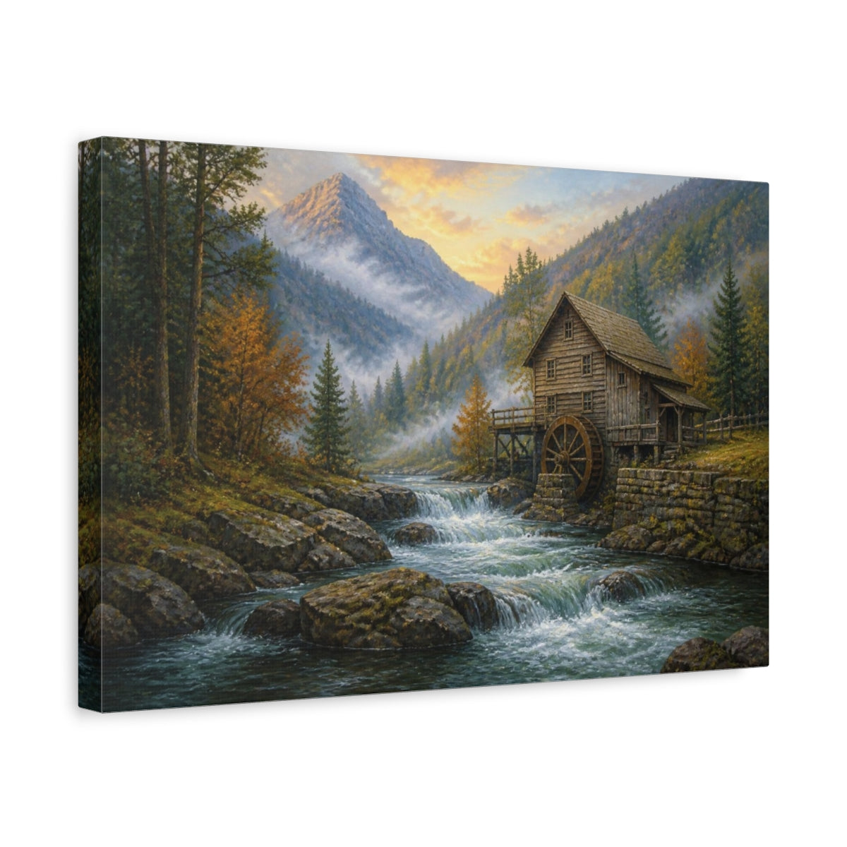 Side Mockup 4. Misty Mountain Watermill Landscape shown as canvas print