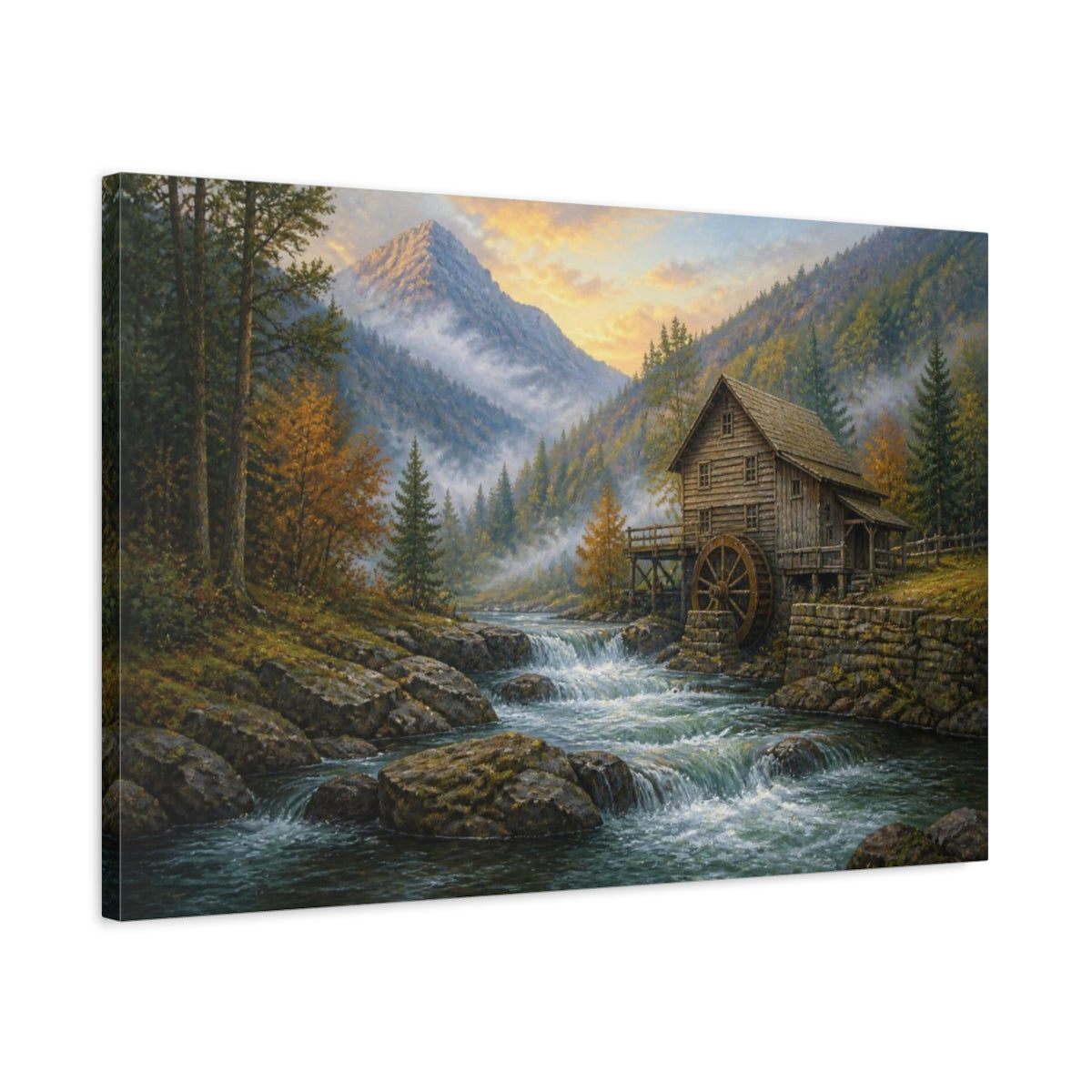 Side Mockup 2. Misty Mountain Watermill Landscape shown as canvas print