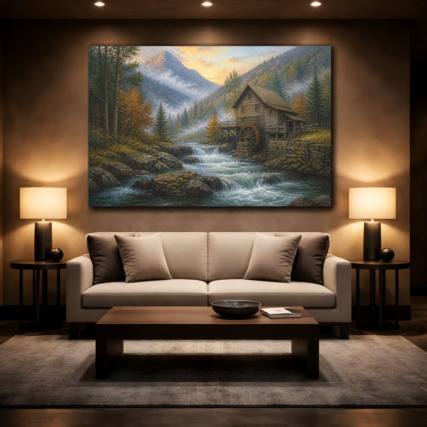 Mockup 2. Misty Mountain Watermill Landscape shown as canvas print