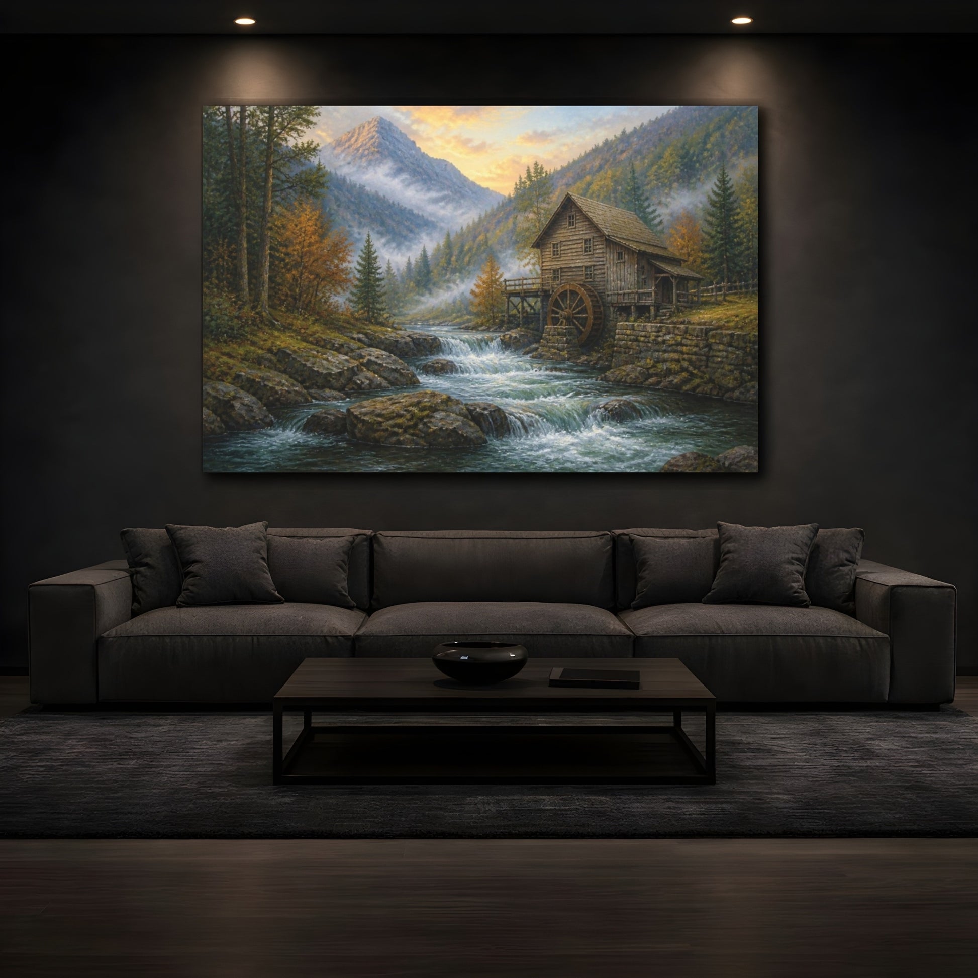 Mockup 3. Misty Mountain Watermill Landscape shown as canvas print