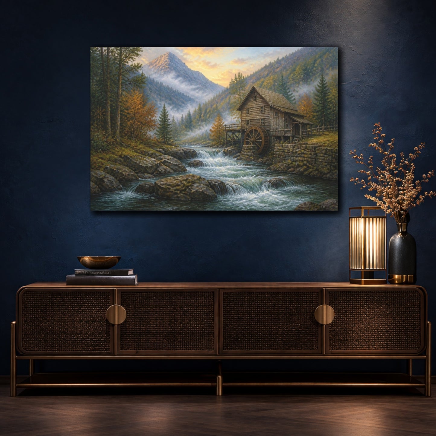 Mockup 4. Misty Mountain Watermill Landscape shown as canvas print