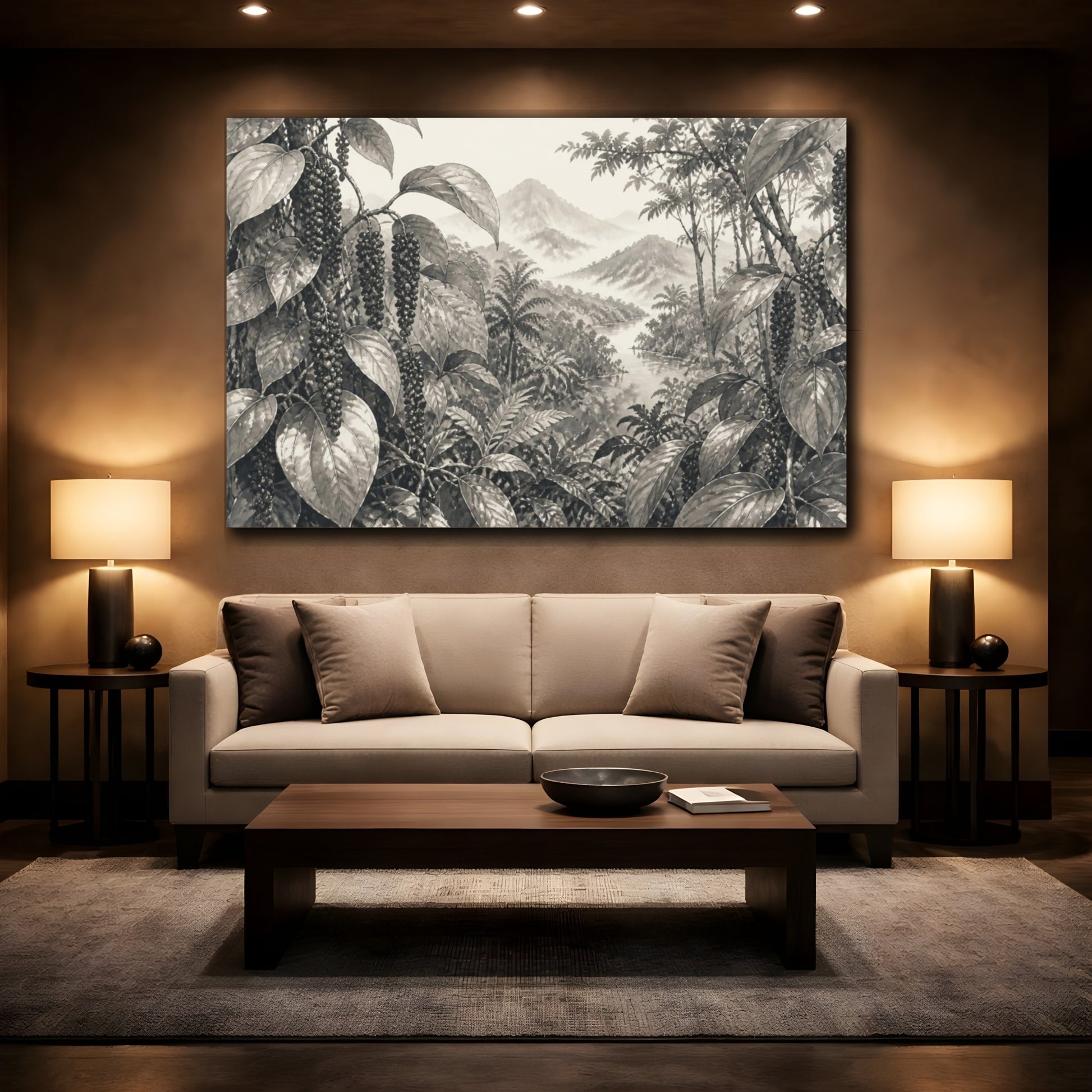 Mockup 2. Misty Peppercorn Vines shown as canvas print
