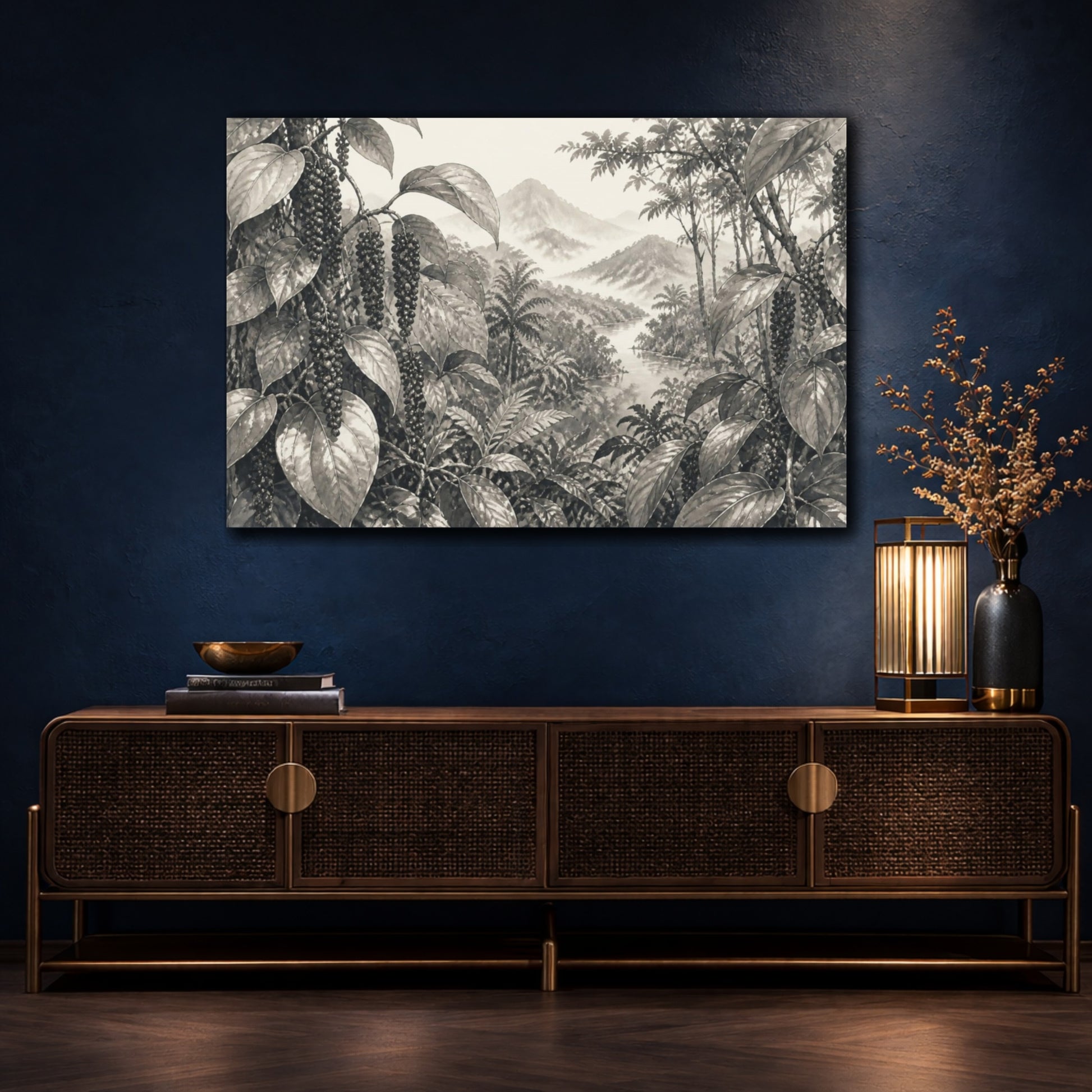 Mockup 4. Misty Peppercorn Vines shown as canvas print