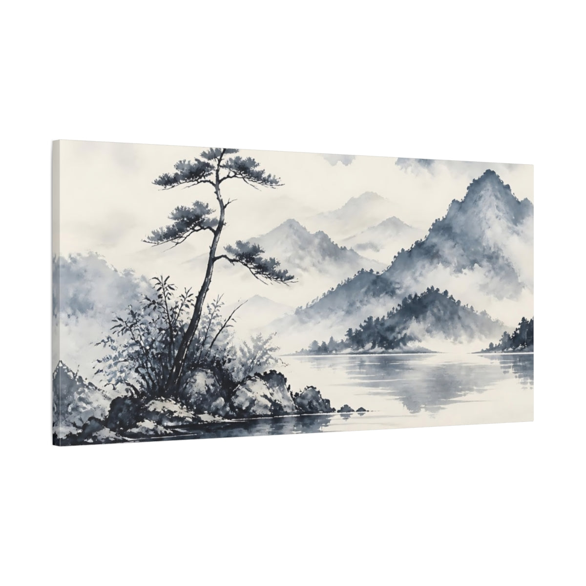 Main Mockup. Misty Pine By Lake shown as canvas print