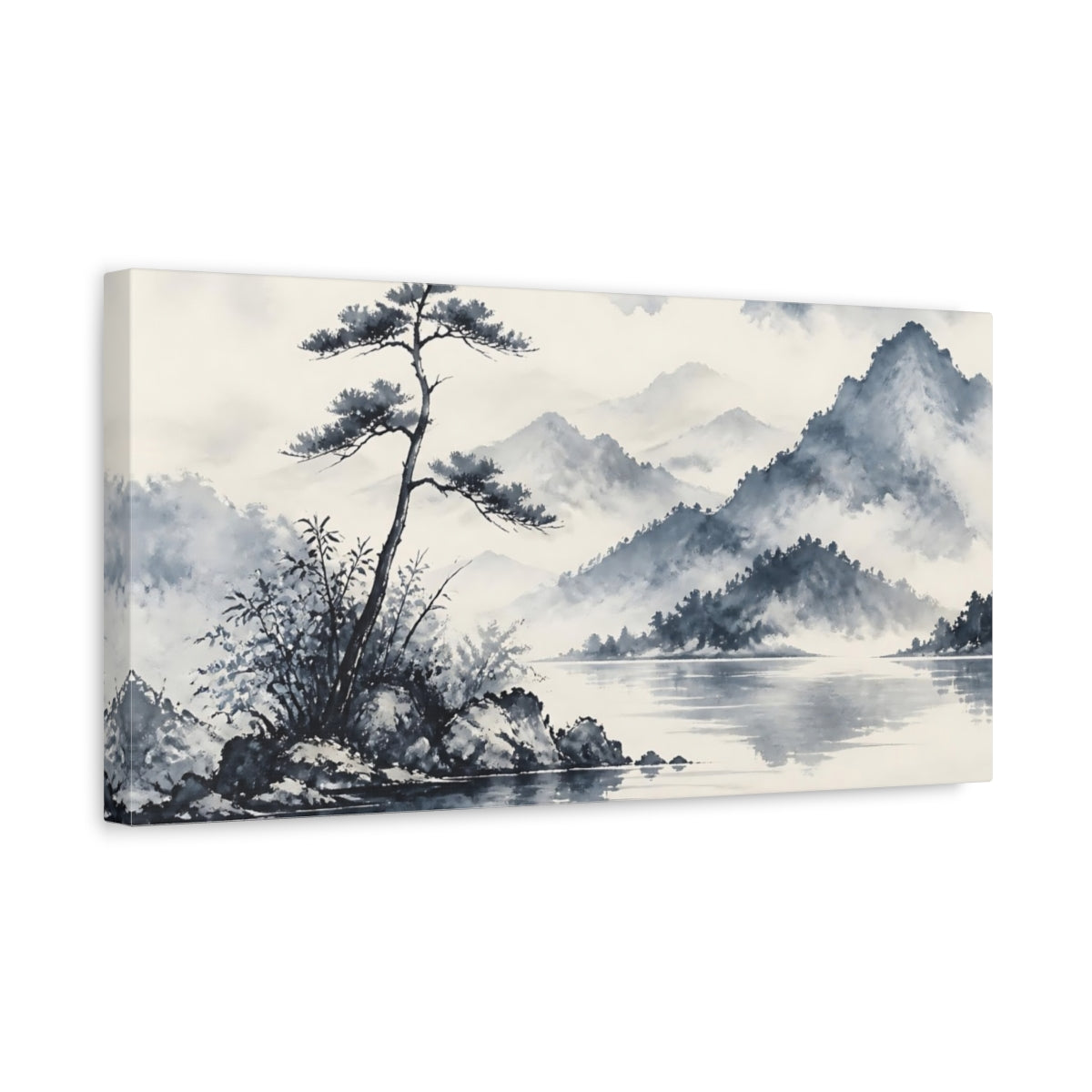 Side Mockup 3. Misty Pine By Lake shown as canvas print