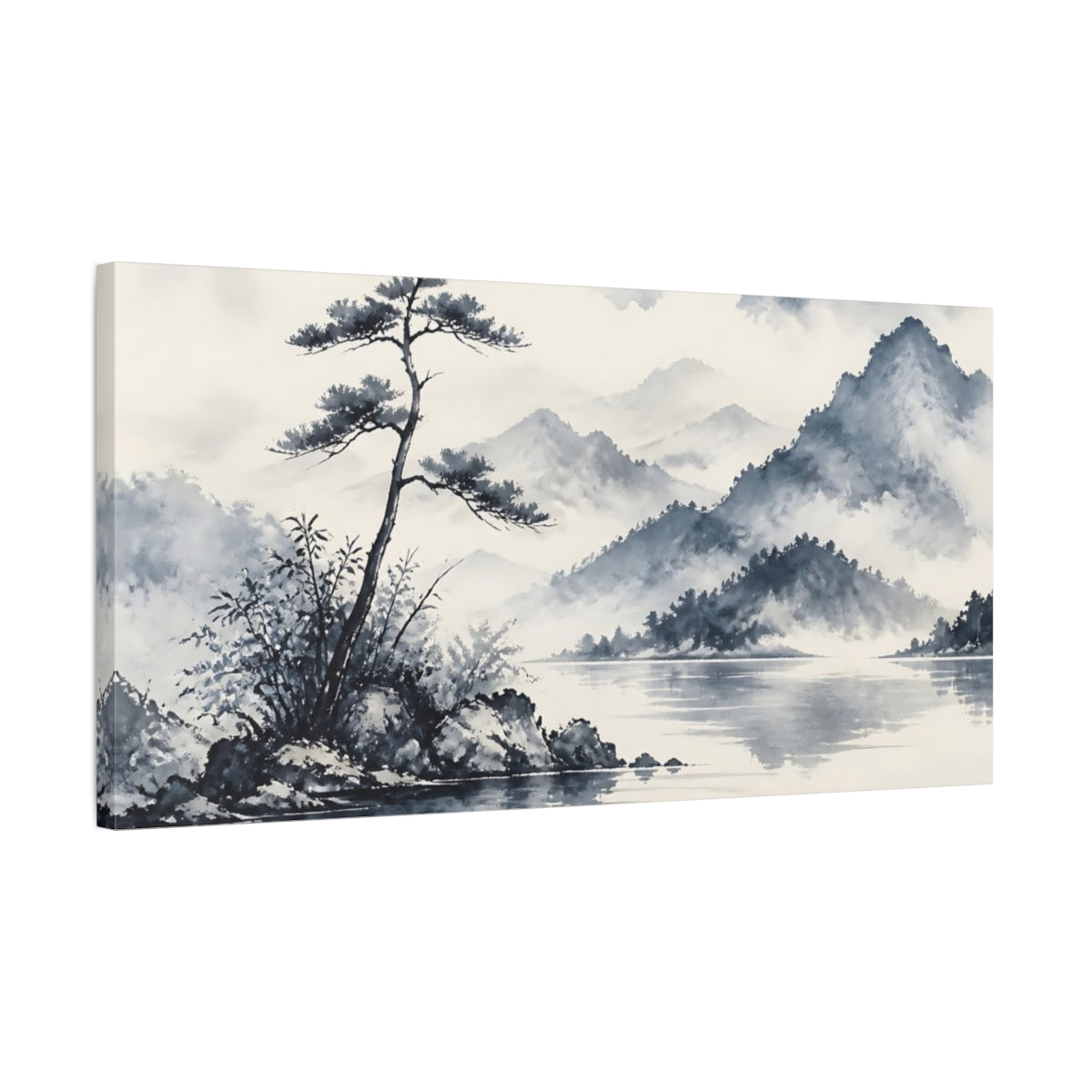Side Mockup 1. Misty Pine By Lake shown as canvas print