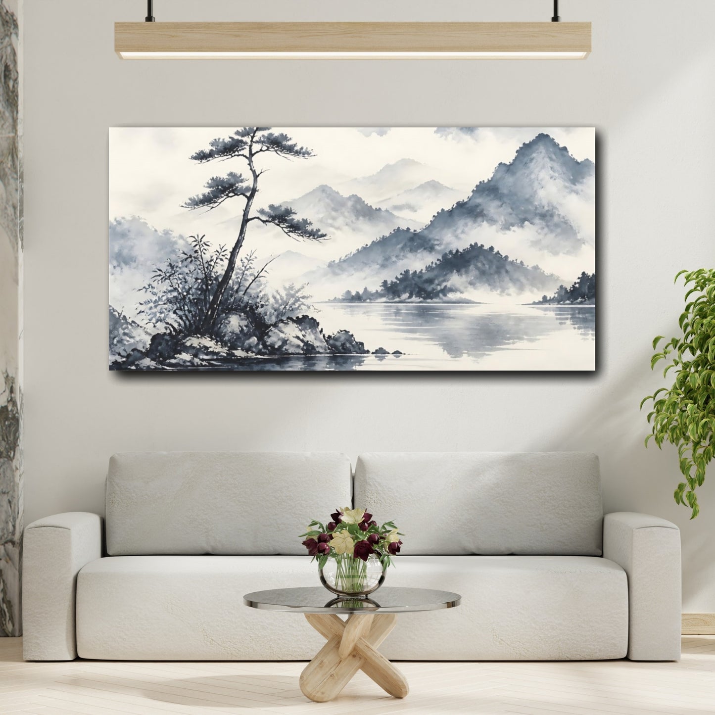 Mockup 2. Misty Pine By Lake shown as canvas print