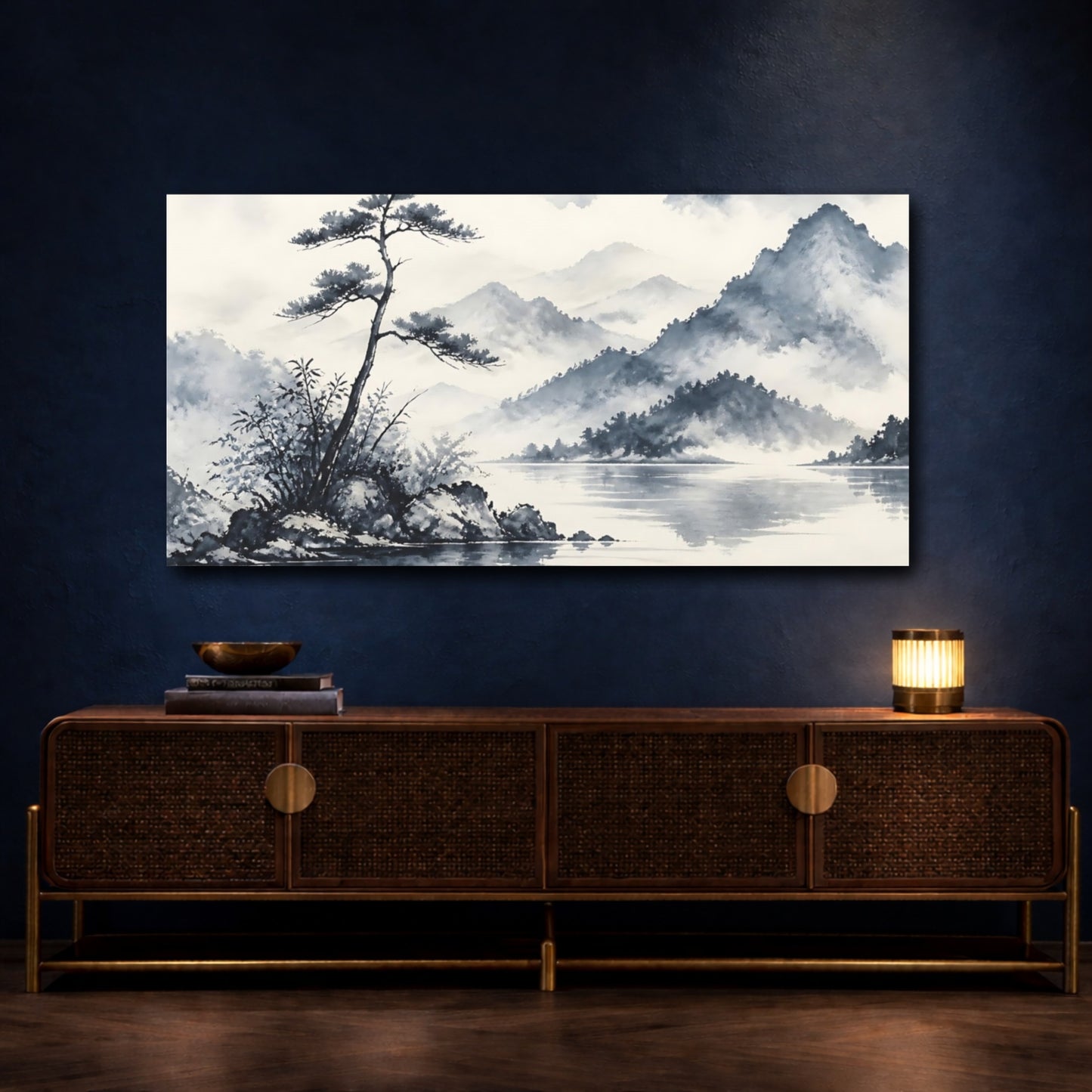 Mockup 4. Misty Pine By Lake shown as canvas print