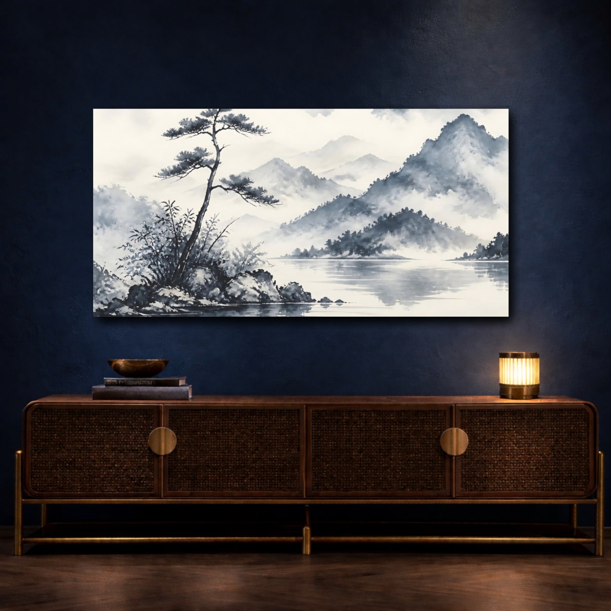 Mockup 4. Misty Pine By Lake shown as canvas print