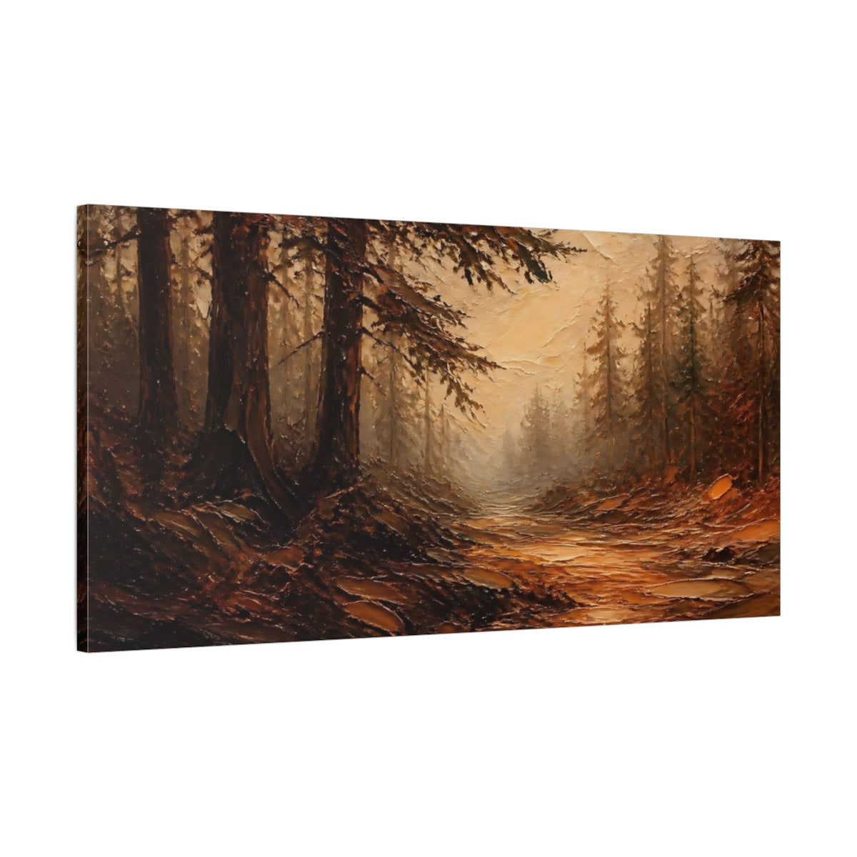 Main Mockup. Misty Pine Forest Path shown as canvas print