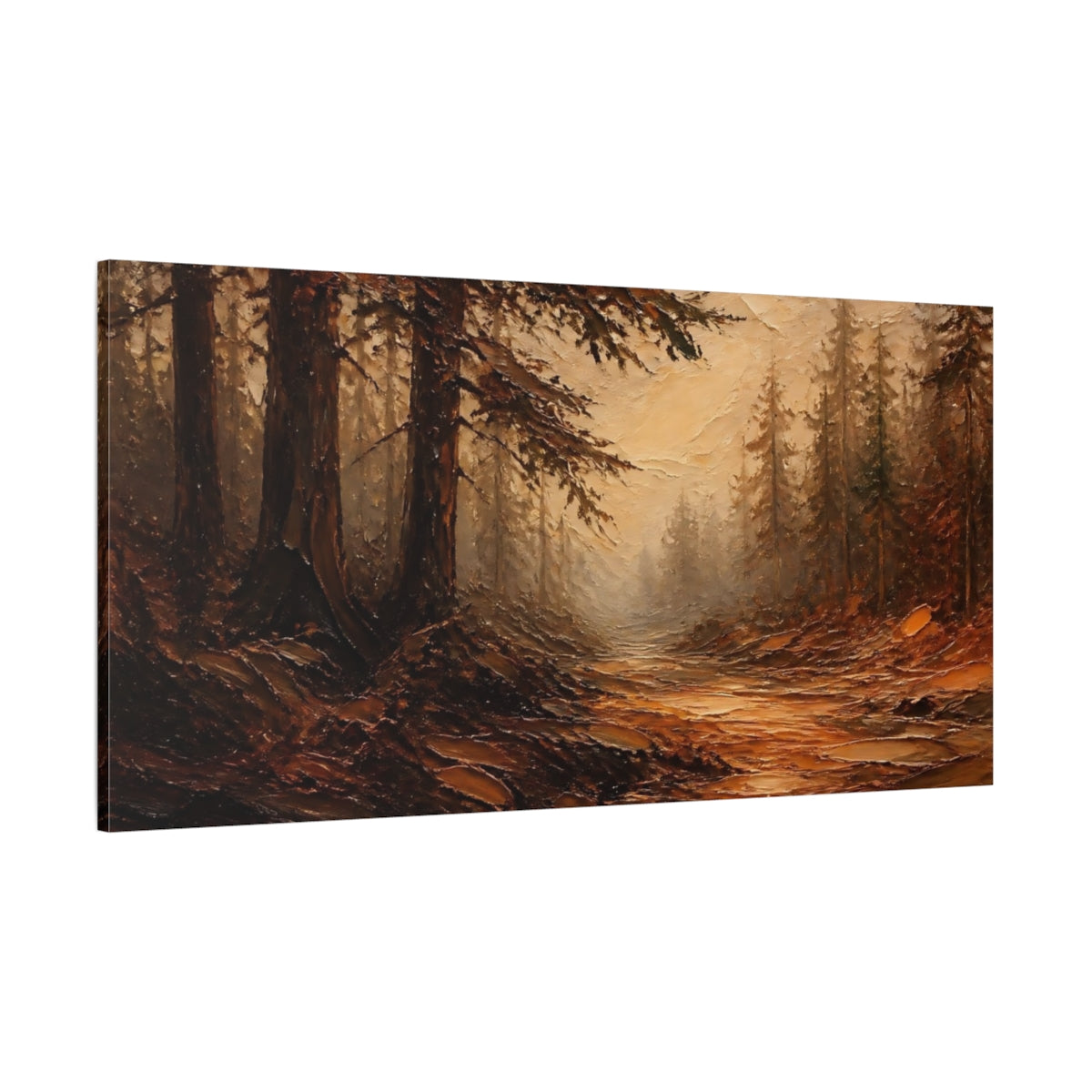 Side Mockup 2. Misty Pine Forest Path shown as canvas print