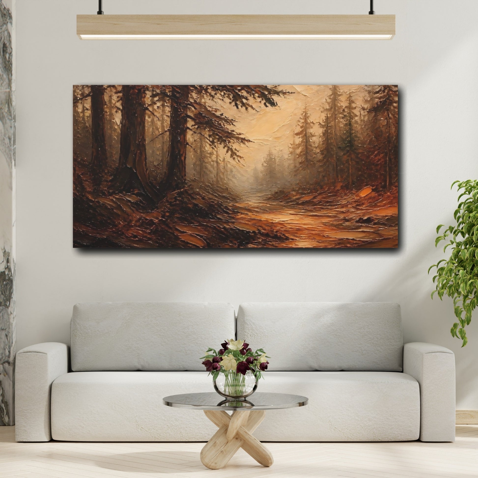 Mockup 2. Misty Pine Forest Path shown as canvas print