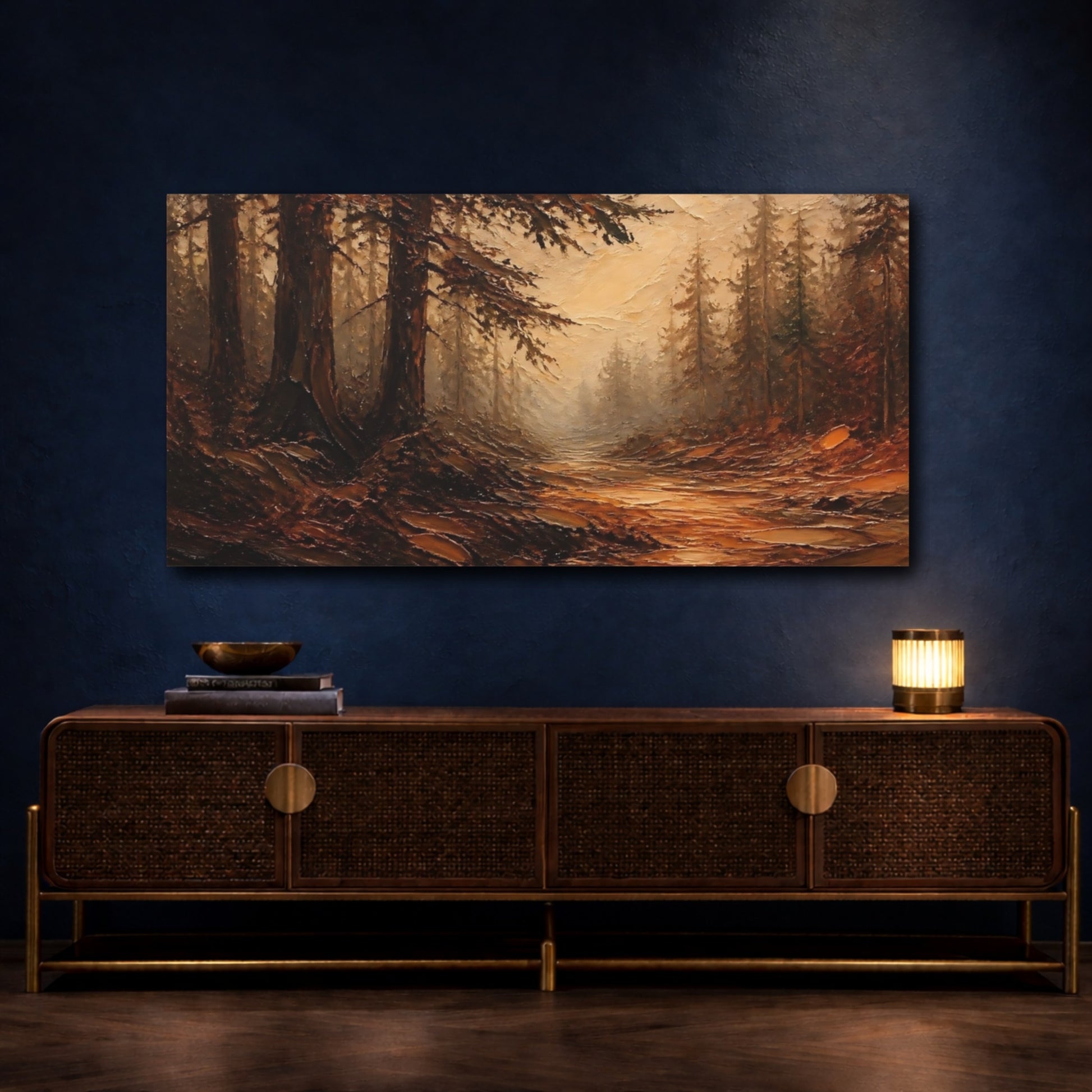 Mockup 4. Misty Pine Forest Path shown as canvas print