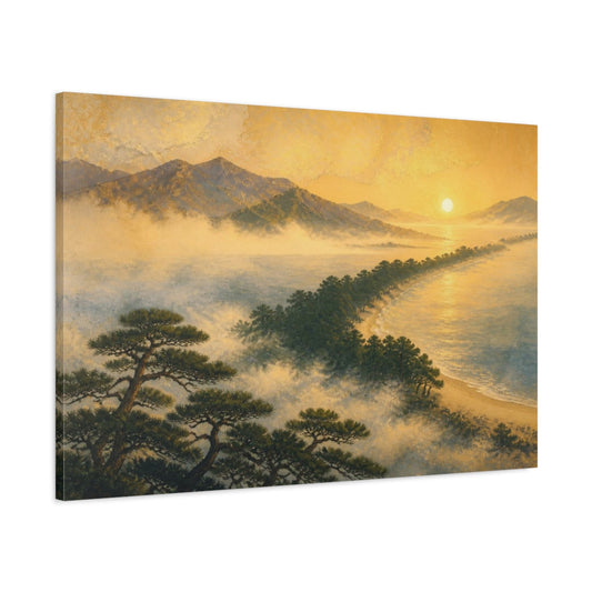 Main Mockup. Misty Pine Sandbar At Sunrise shown as canvas print