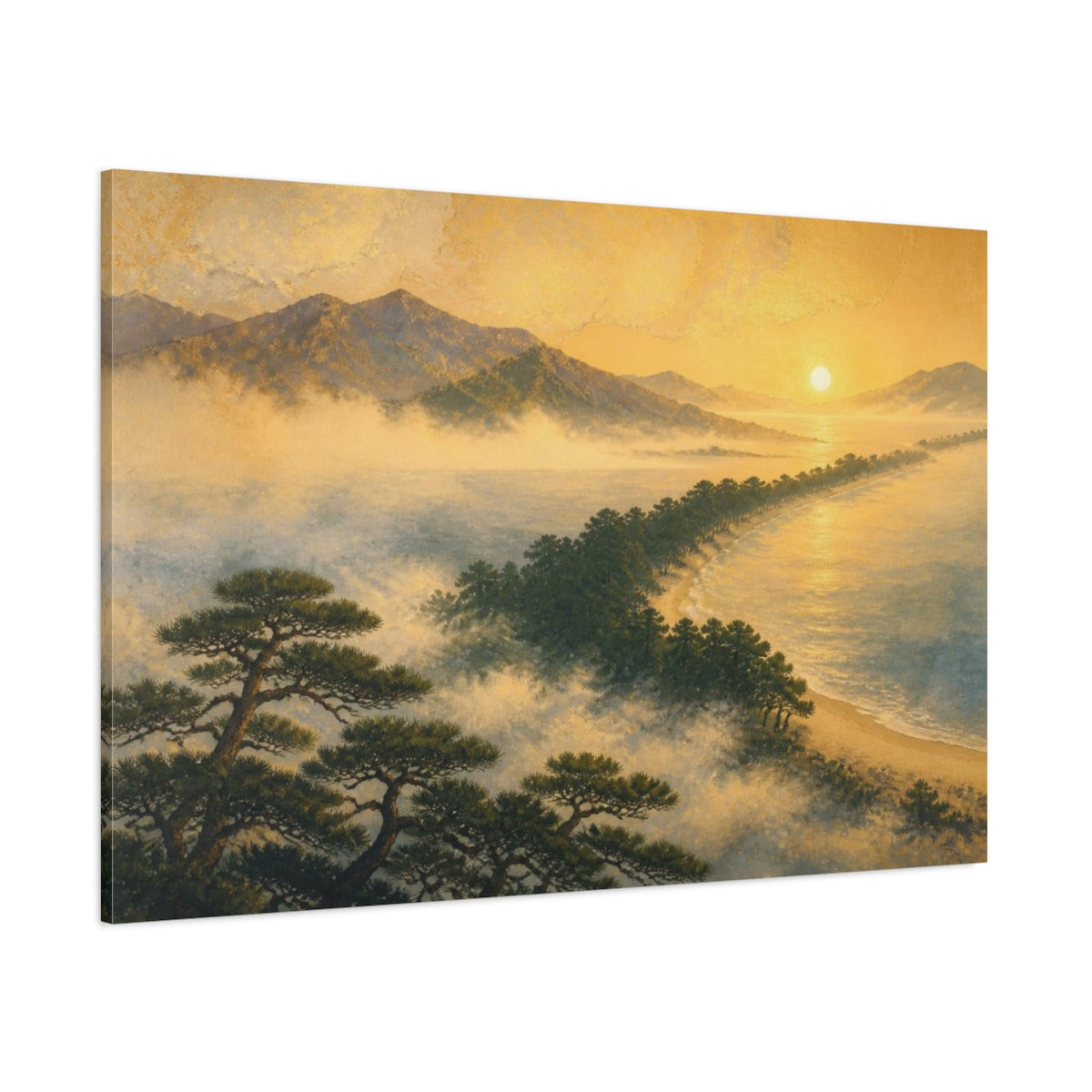 Side Mockup 1. Misty Pine Sandbar At Sunrise shown as canvas print