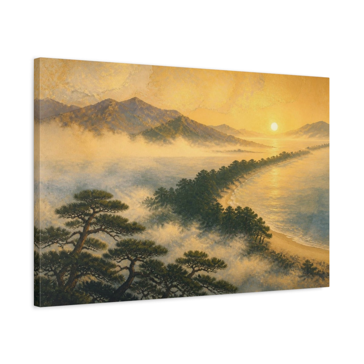Side Mockup 2. Misty Pine Sandbar At Sunrise shown as canvas print