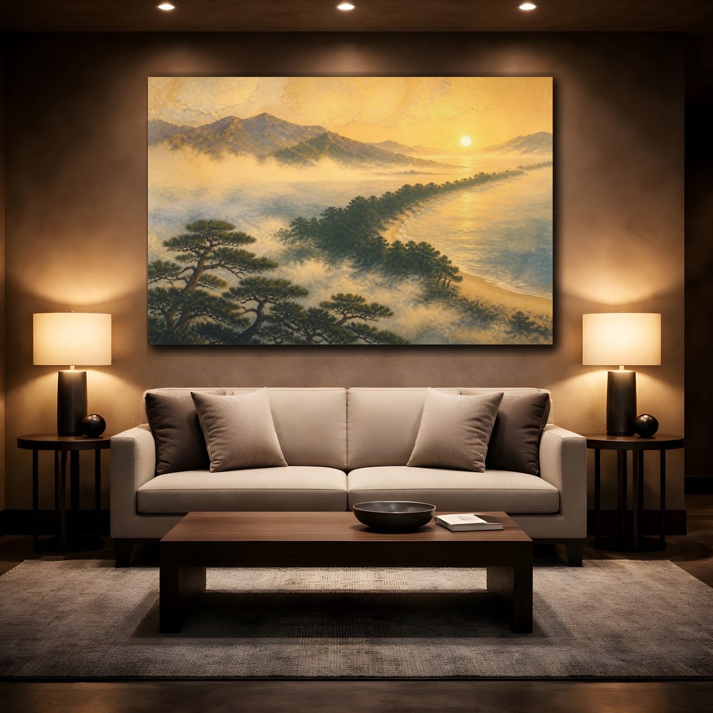 Mockup 2. Misty Pine Sandbar At Sunrise shown as canvas print