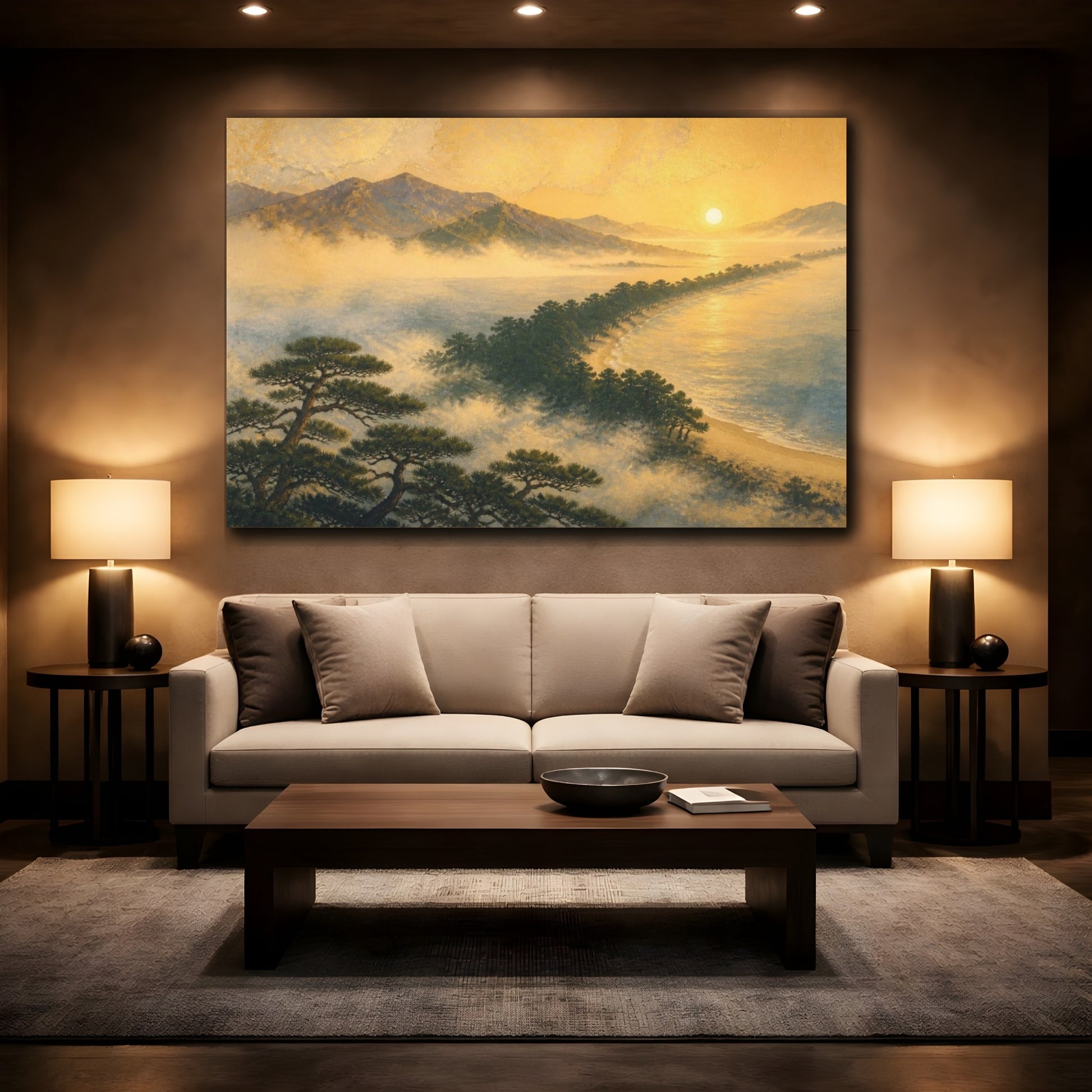 Mockup 2. Misty Pine Sandbar At Sunrise shown as canvas print