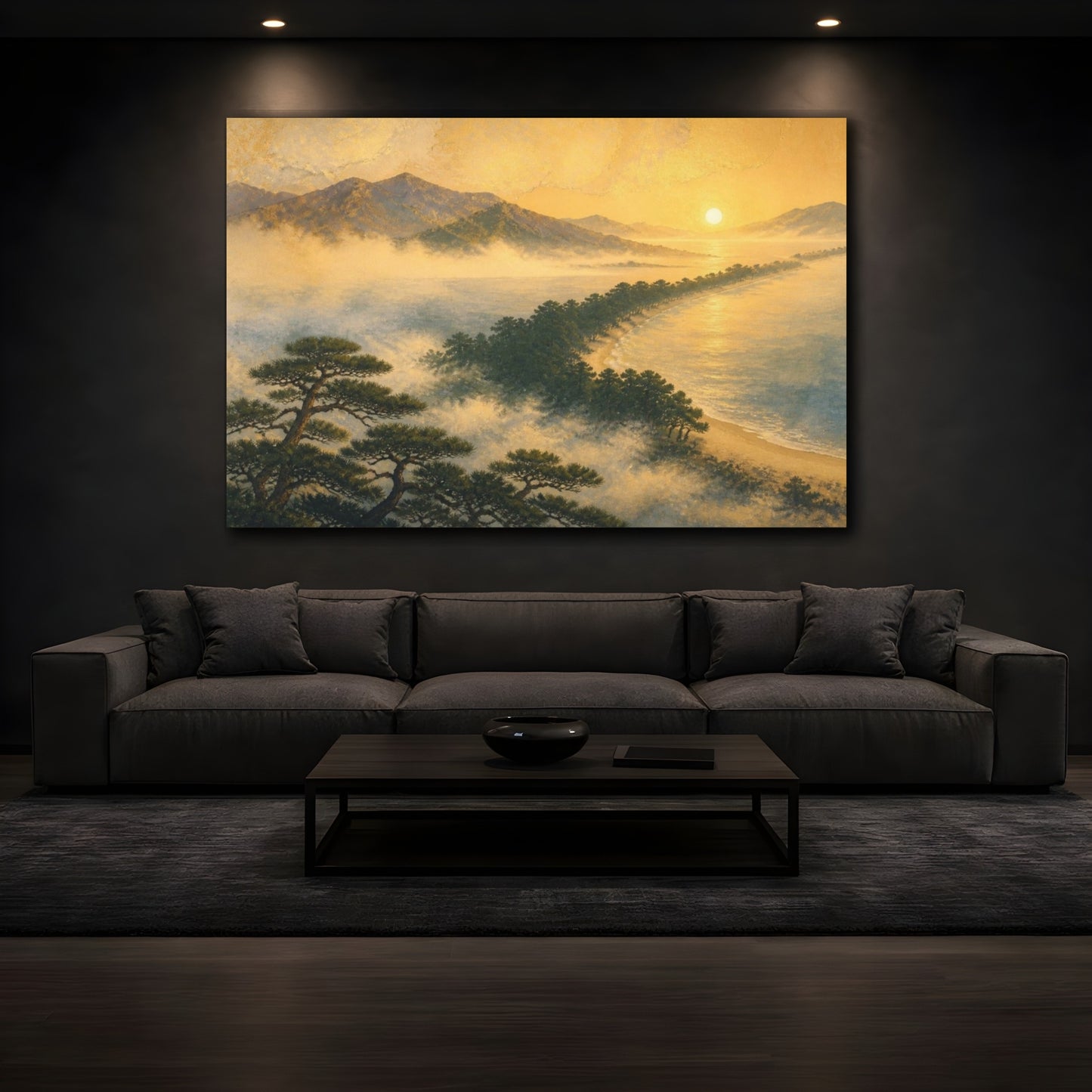 Mockup 3. Misty Pine Sandbar At Sunrise shown as canvas print