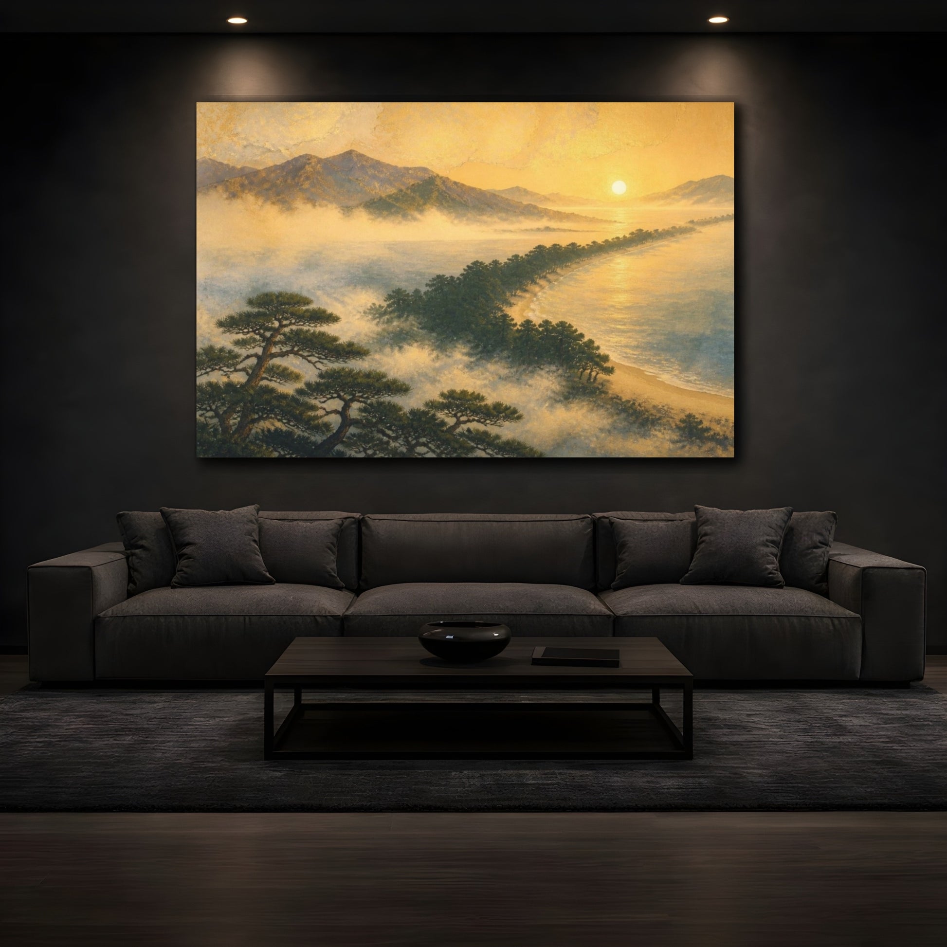 Mockup 3. Misty Pine Sandbar At Sunrise shown as canvas print