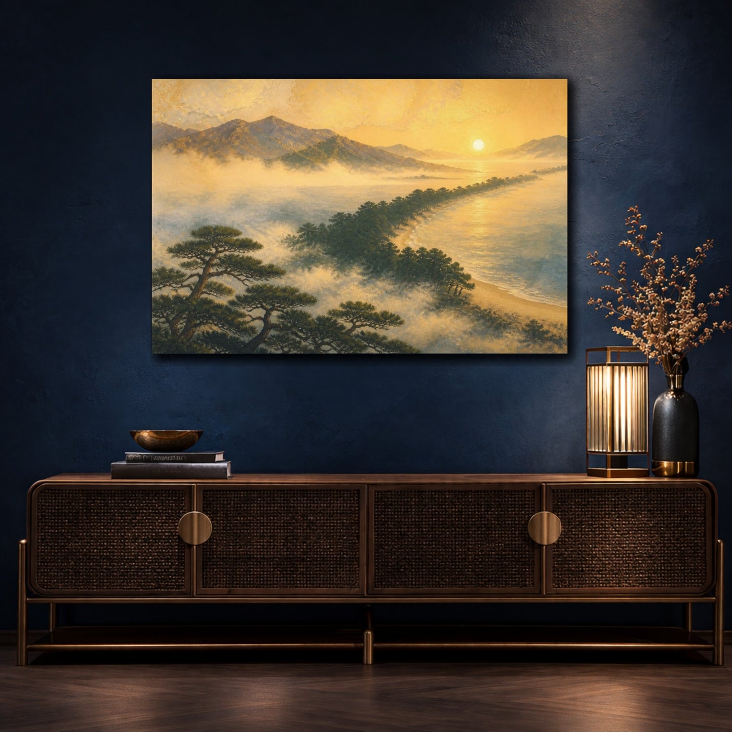 Mockup 4. Misty Pine Sandbar At Sunrise shown as canvas print
